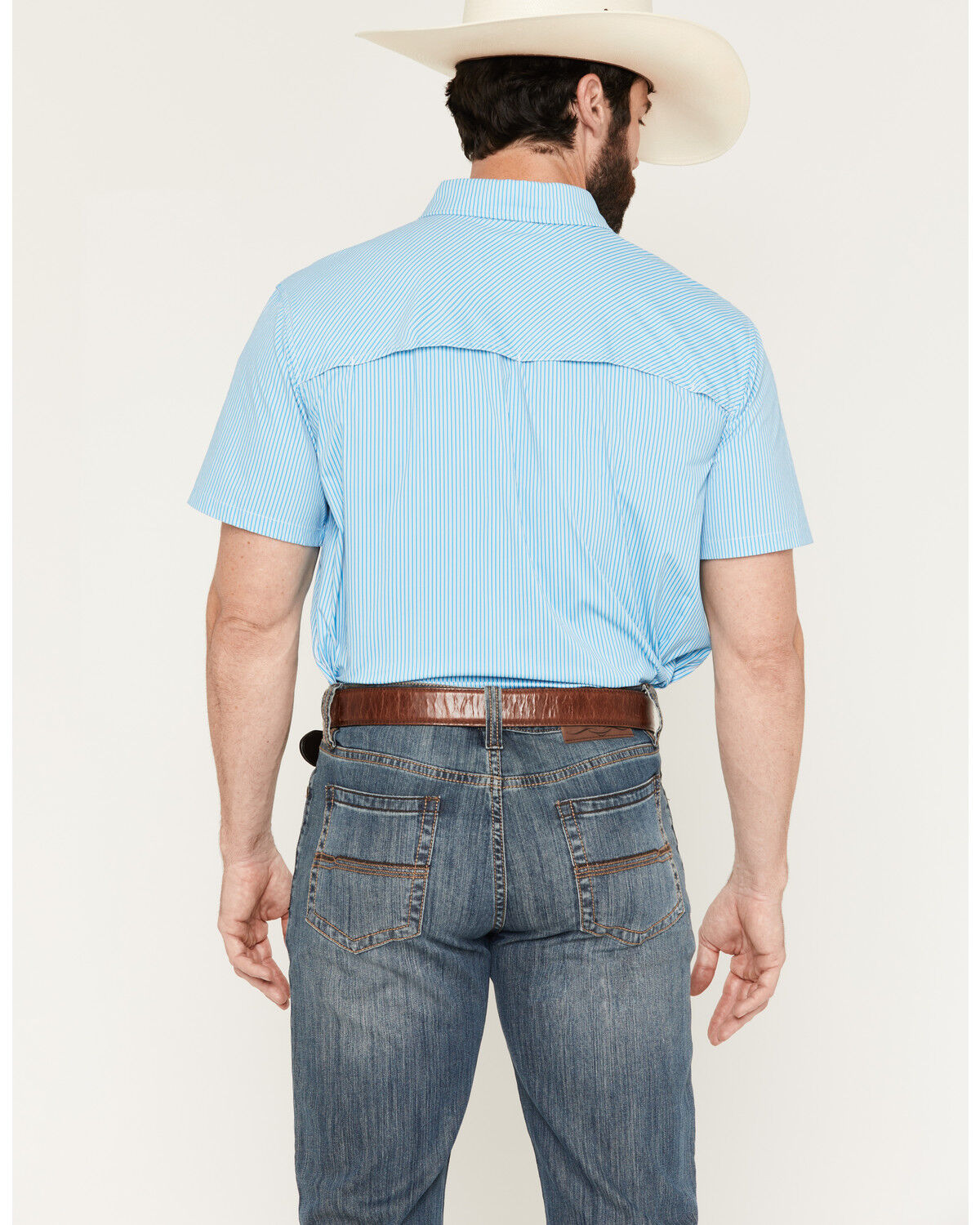 Image #4 - Rock & Roll Denim Men's Tek Core tripe Print Short Sleeve Button-Down Stretch Western Shirt, Blue, hi-res
