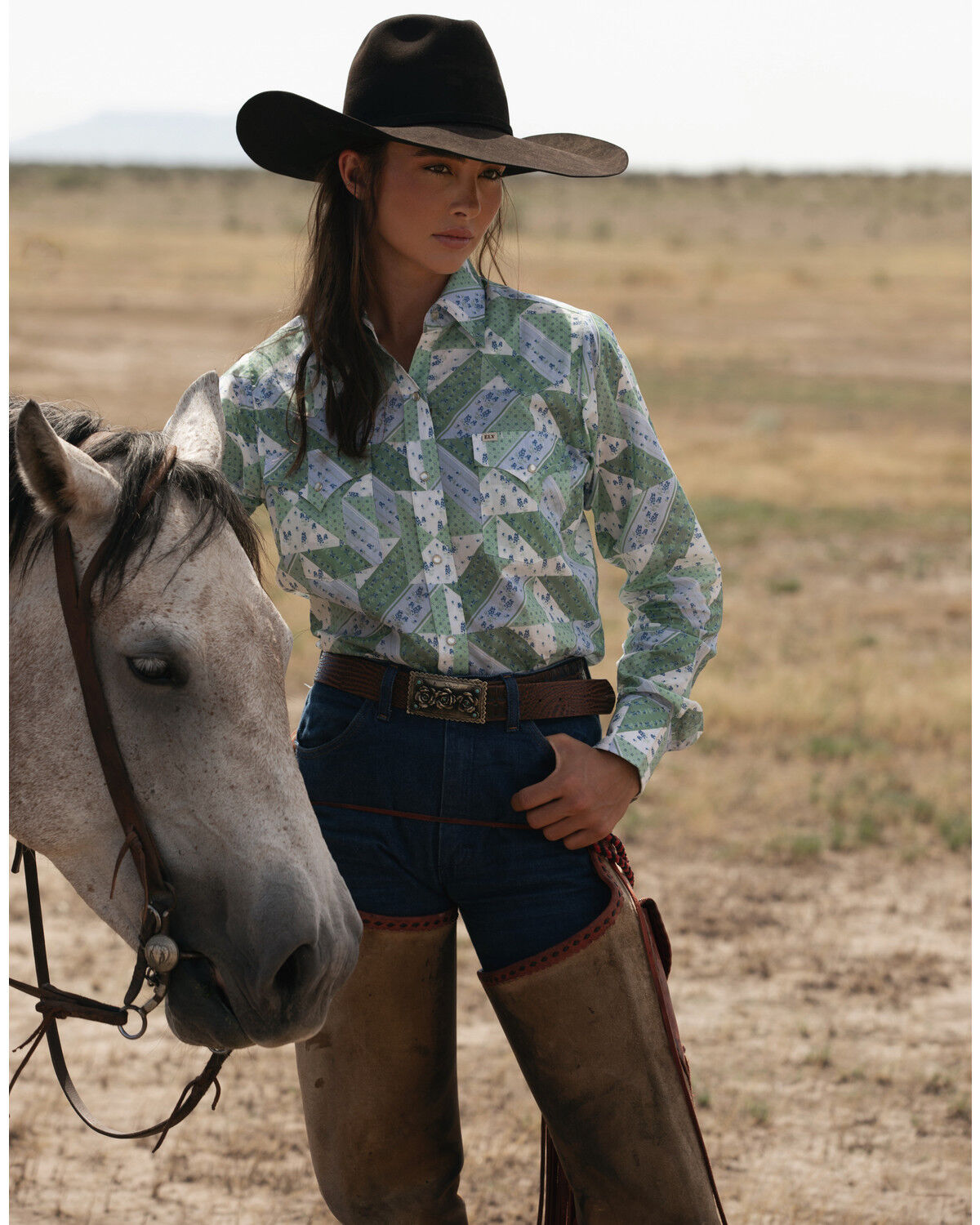 Image #1 - Cowboygirl by Jenna Paulette Women's Patchwork Print Long Sleeve Pearl Snap Western Shirt, Green, hi-res