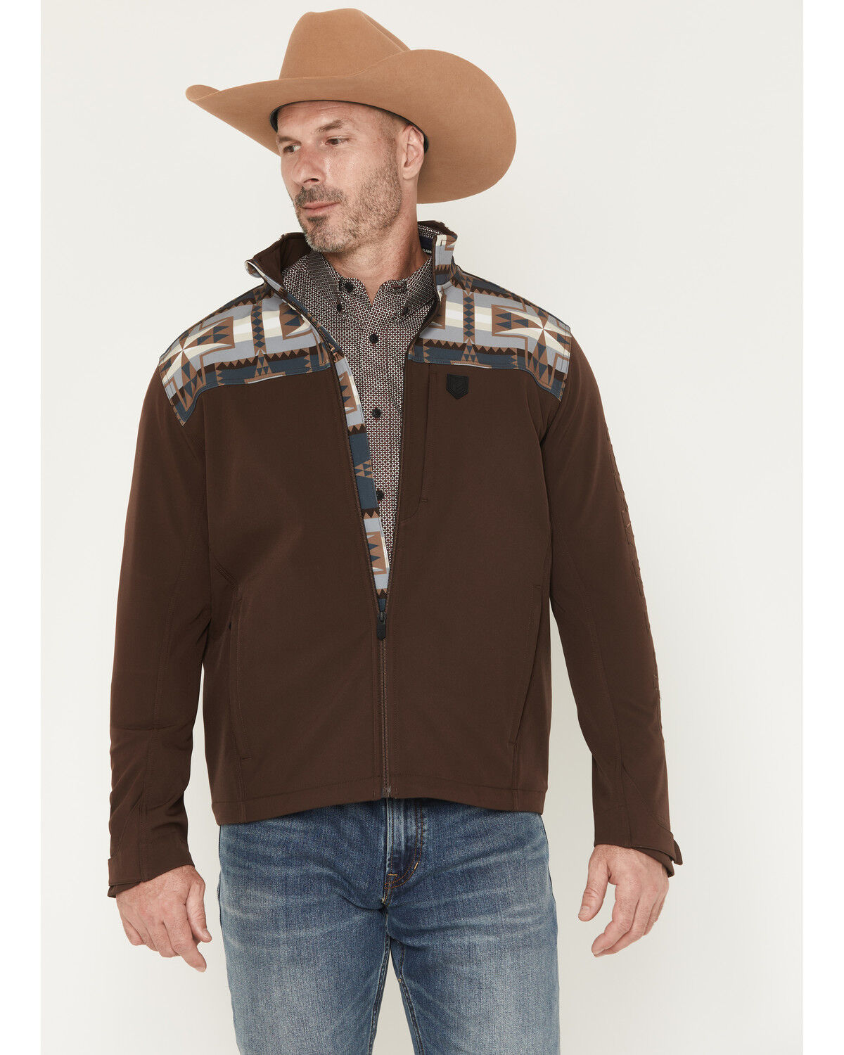 Image #1 - RANK 45&reg; Men's Cheneka 2.0 Colorblock Southwestern Print Softshell Jacket, Brown, hi-res