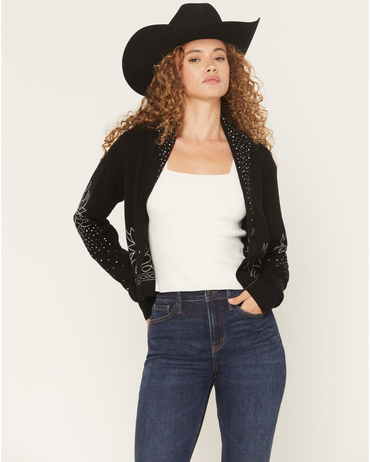 Image #1 - Idyllwind Women's Pierce Embellished Cropped Button-Down Sweater, Black, hi-res