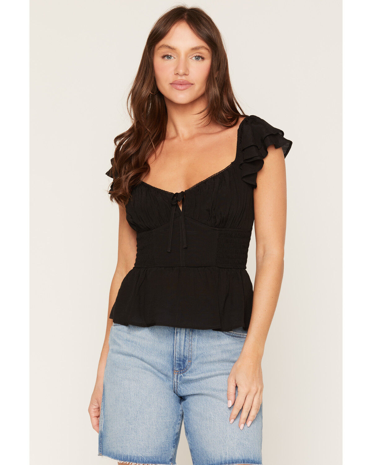 Image #1 - Ash & Violet Women's Flutter Sleeve Corset Top, Black, hi-res
