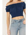 Image #3 - Cleo + Wolf Women's Knit Eyelet Smocked Crop Top, Navy, hi-res