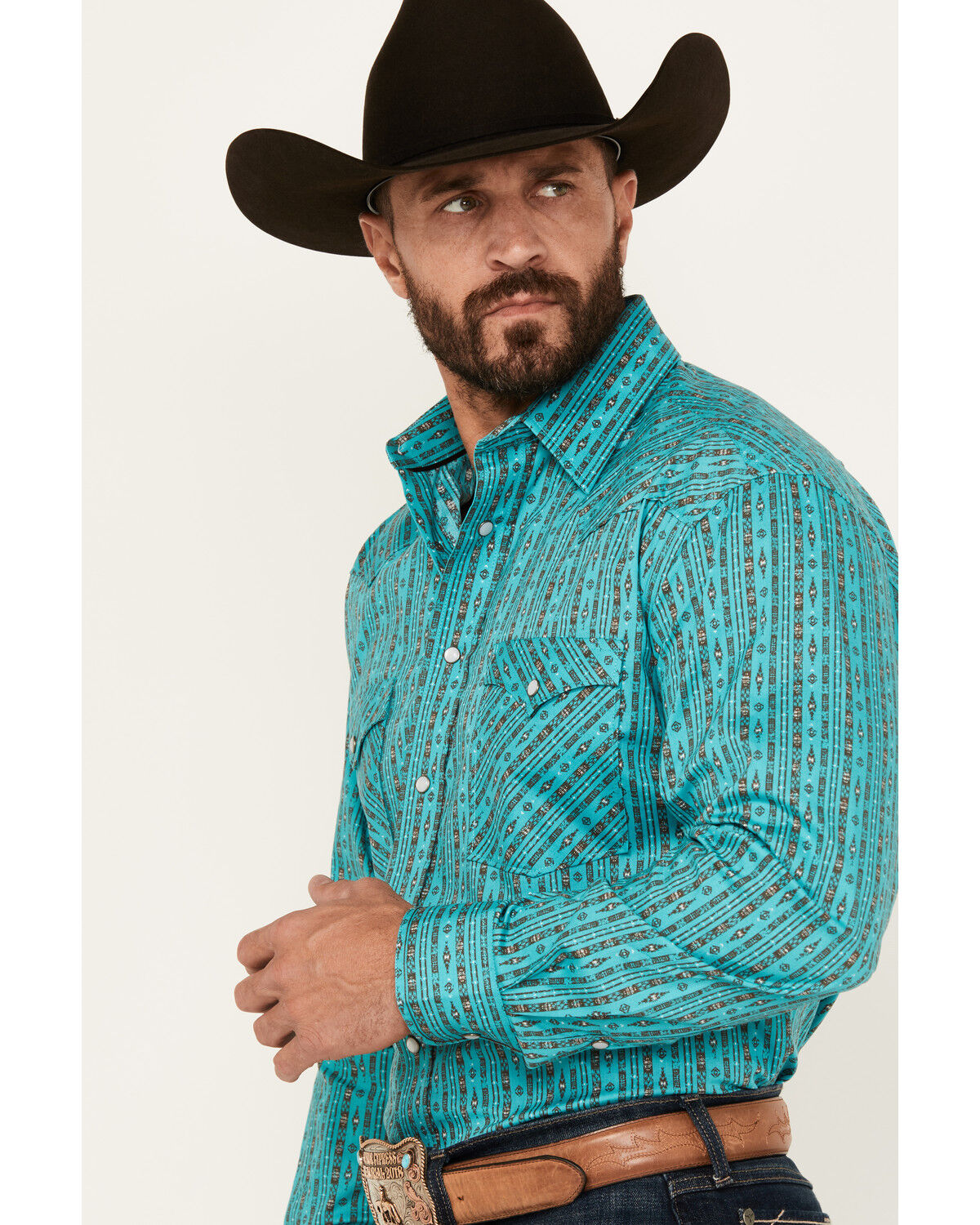 Image #2 - Rough Stock by Panhandle Men's Southwestern Striped Print Long Sleeve Pearl Snap Stretch Western Shirt, Turquoise, hi-res