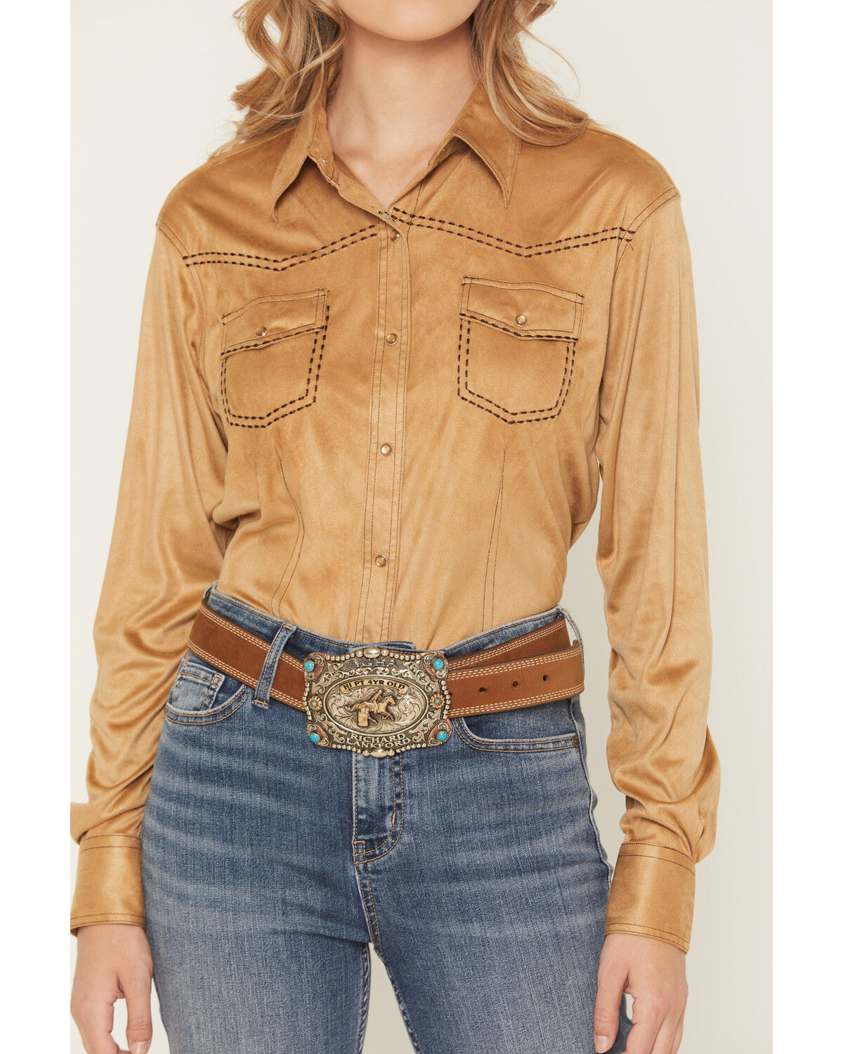Image #3 - Cowgirl Hardware Women's Faux Suede Long Sleeve Snap Stretch Western Shirt, , hi-res