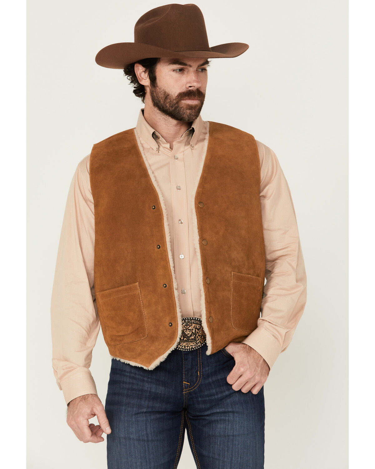 Image #1 - Cody James Men's Sherpa Lined Suede Snap Vest, Russett, hi-res