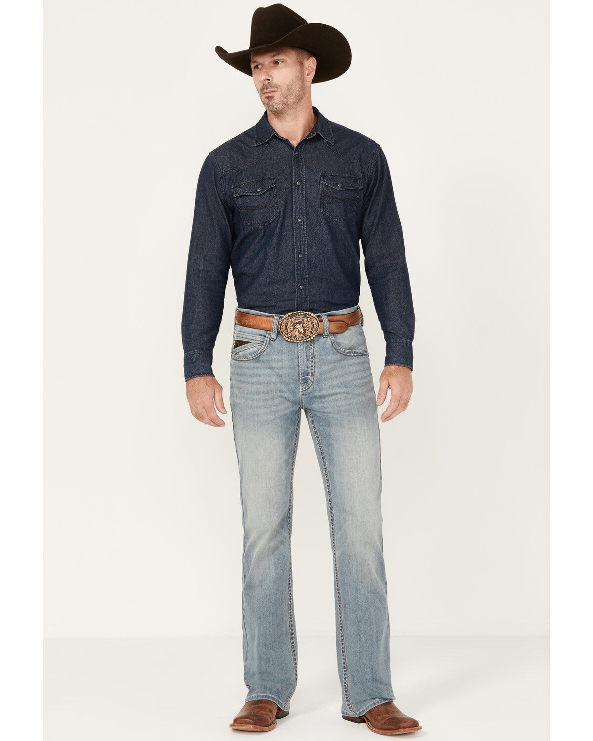 Image #1 - RANK 45&reg; Men's Scoreline Wash Trigger Slim Bootcut 4-Way Performance Stretch Denim Jeans, Blue, hi-res