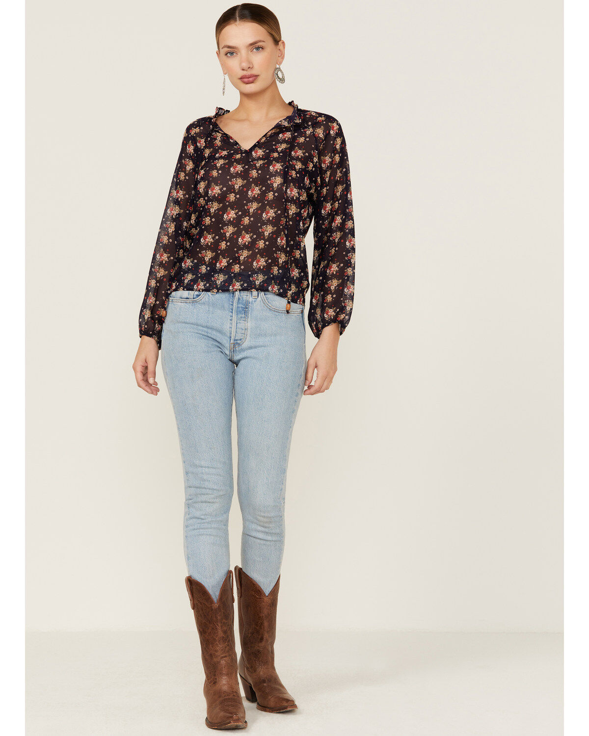 Image #4 - Wild Moss Women's Ruffle Neck Peasant Blouse, Navy, hi-res