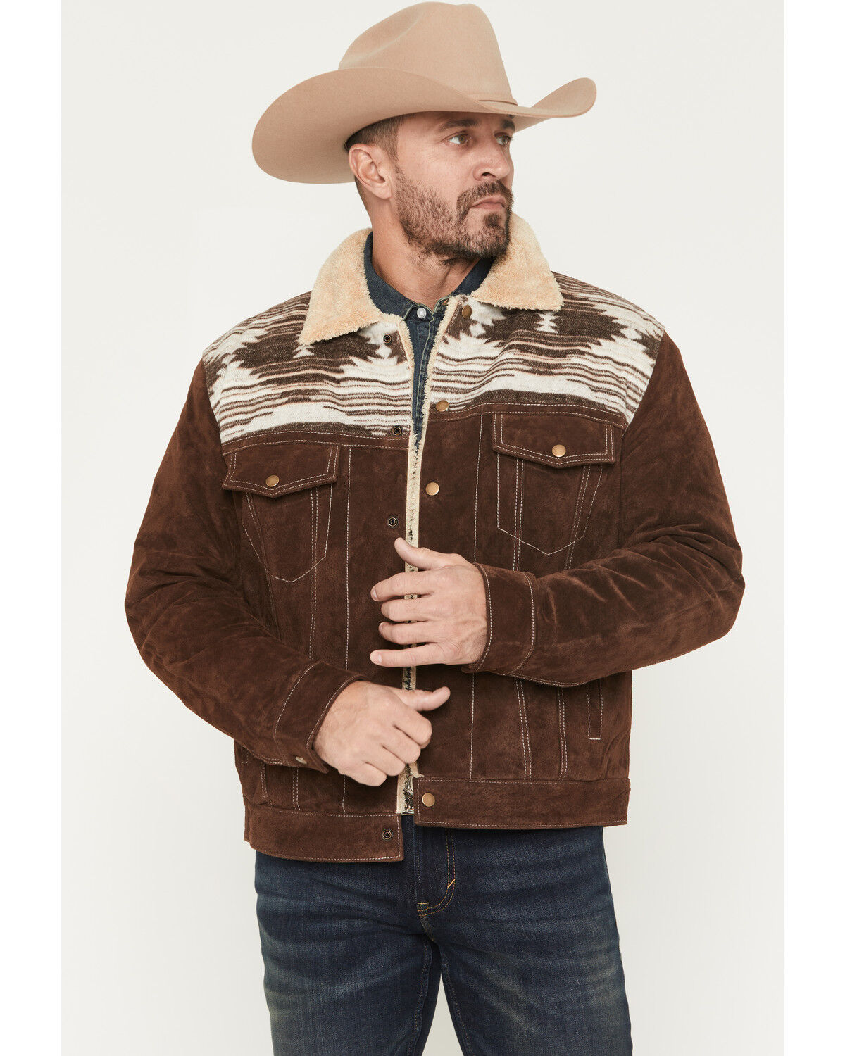 Scully Men's Sherpa Lined Boar Suede Trucker Jacket, Chocolate, hi-res