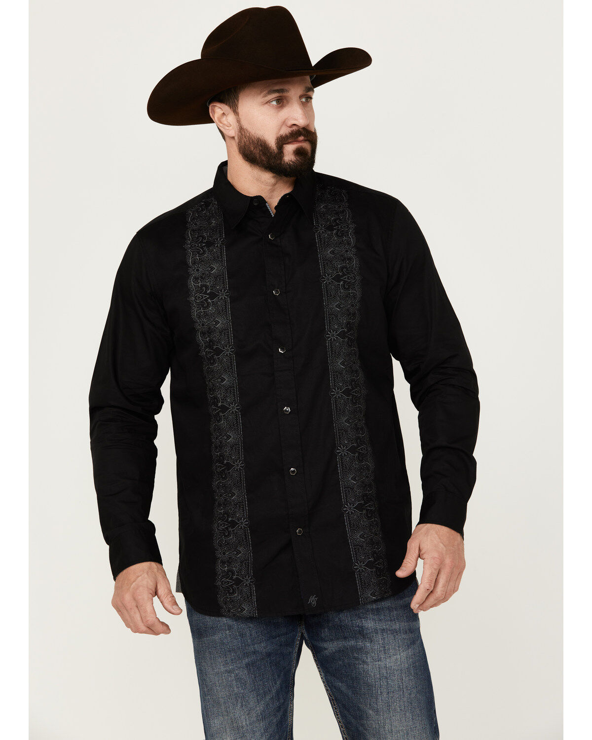 Moonshine Spirit&reg; Men's Embroidered Long Sleeve Snap Western Shirt, Black, hi-res