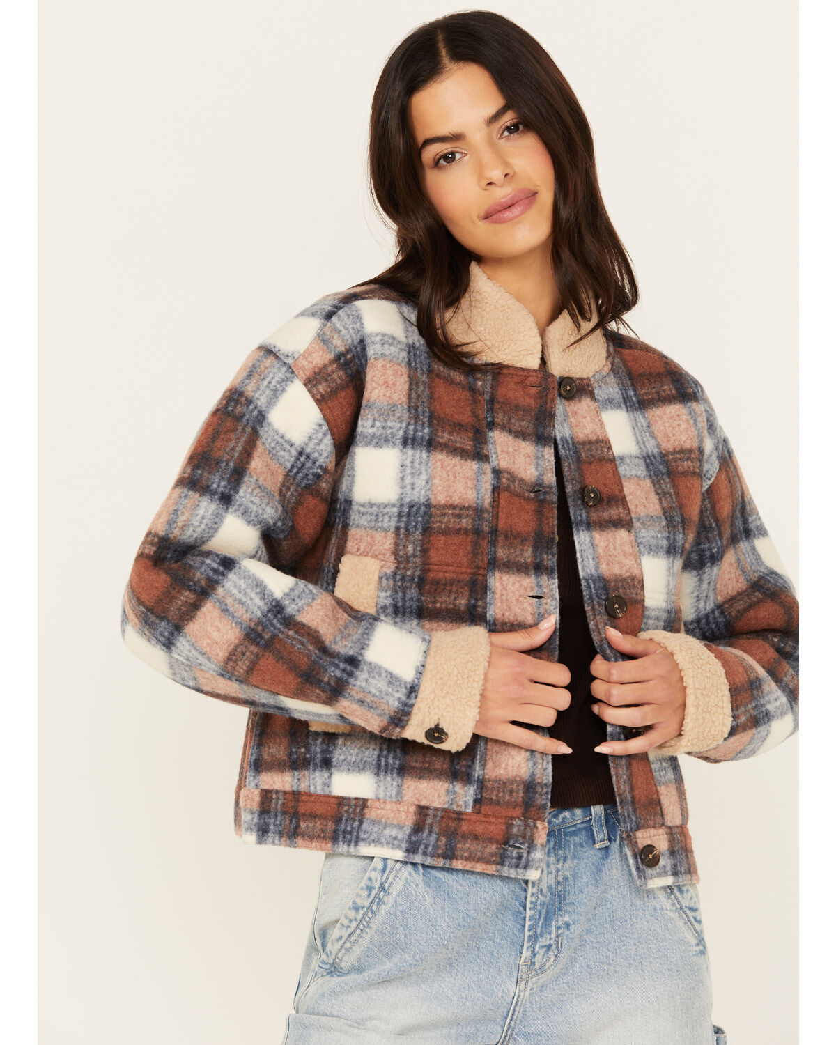 Image #1 - Cleo + Wolf Women's Cropped Plaid Print Jacket, Rust Copper, hi-res