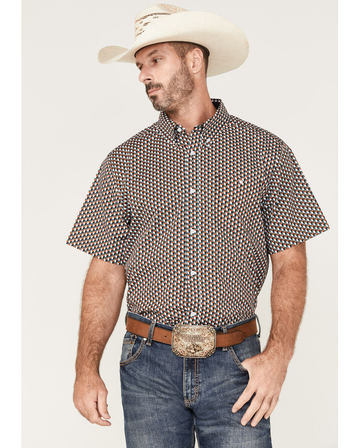 Image #1 - RANK 45&reg; Men's Turbo Geo Print Button-Down Western Shirt, Brown, hi-res