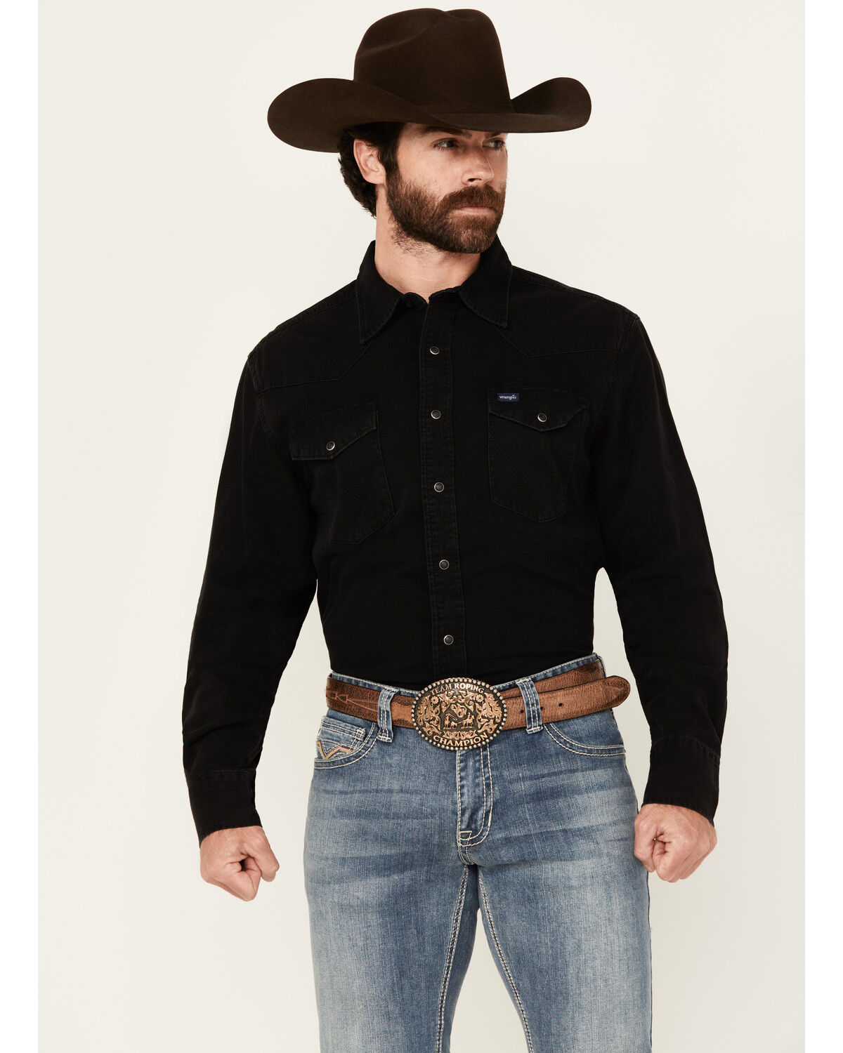 Wrangler Men's Solid Long Sleeve Snap Denim Western Shirt, Black, hi-res