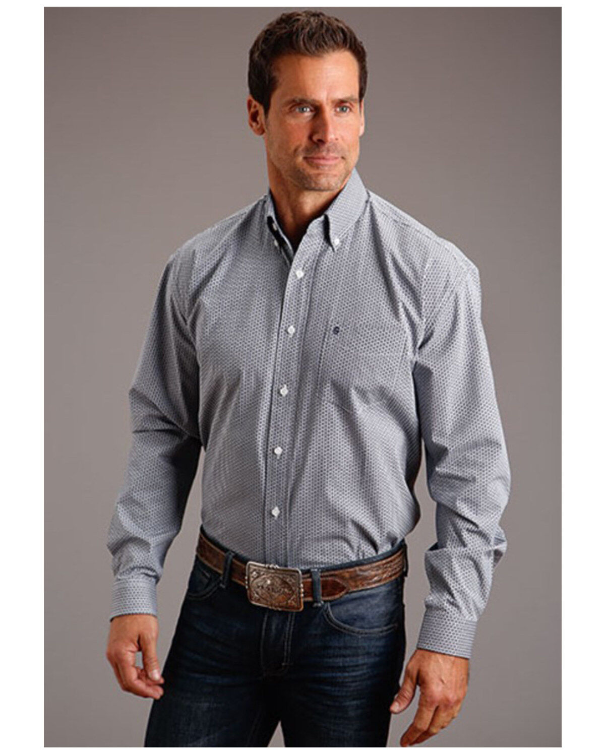 Image #1 - Stetson Men's Geo Print Long Sleeve Button-Down Western Shirt, Dark Blue, hi-res
