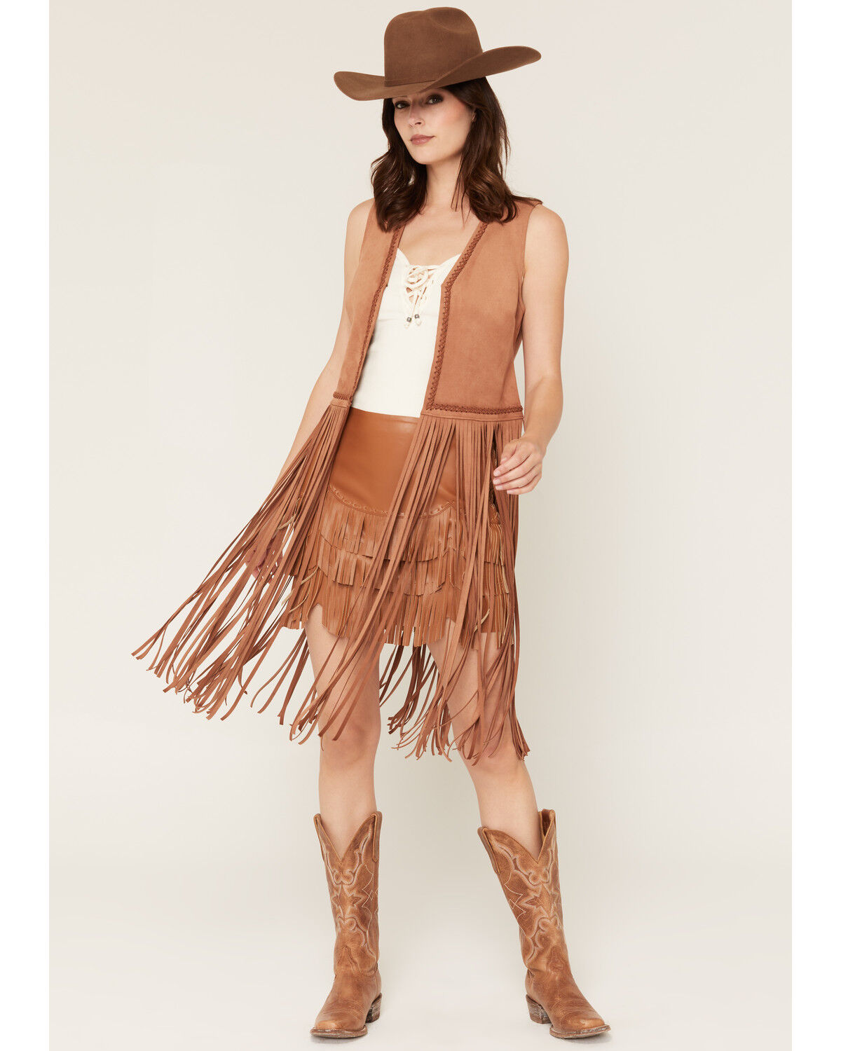 Idyllwind Women's Kirk Faux Suede Long Fringe Vest, Bark, hi-res