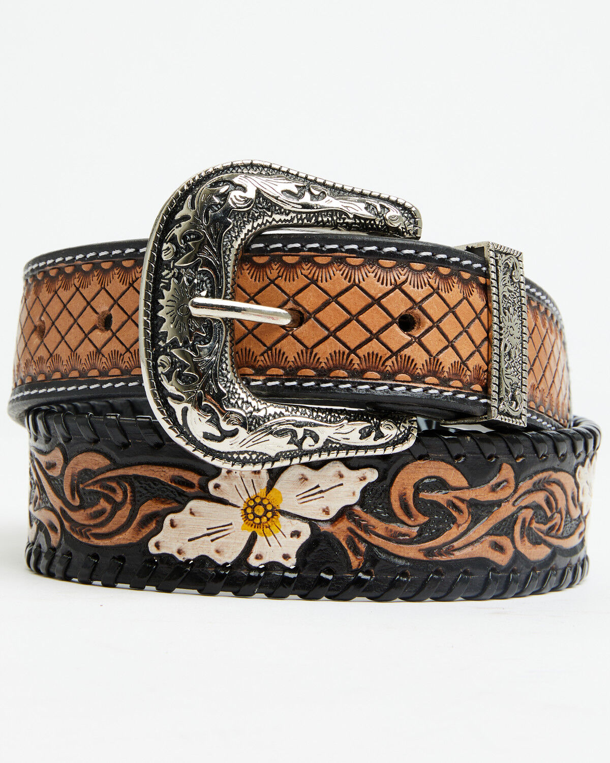 Image #1 - Myra Bag Women's Checkered Brown Hand Tooled Leather Belt, Brown, hi-res
