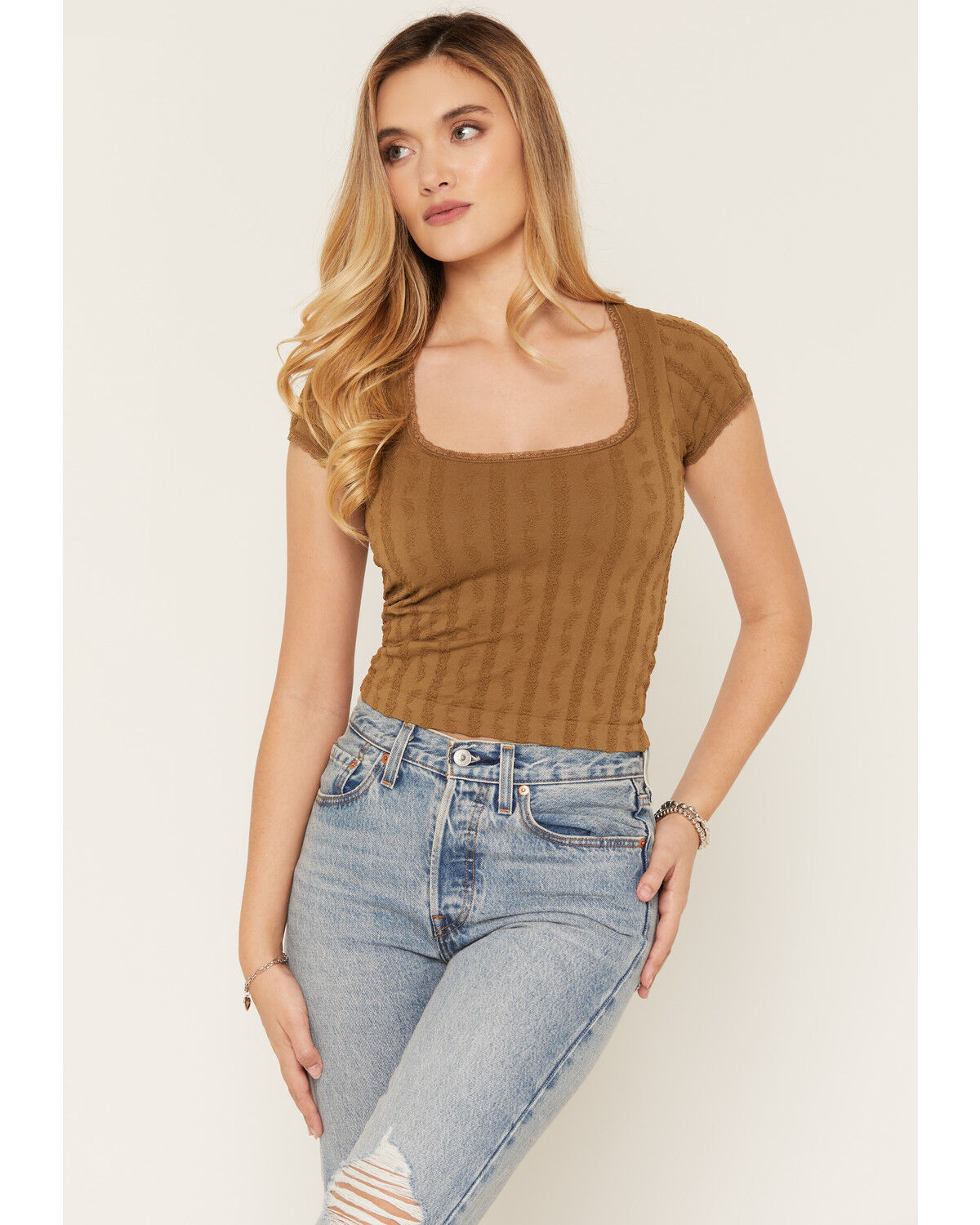 Fornia Women's Lace Trim Printed Short Sleeve Cropped Top, Brown, hi-res