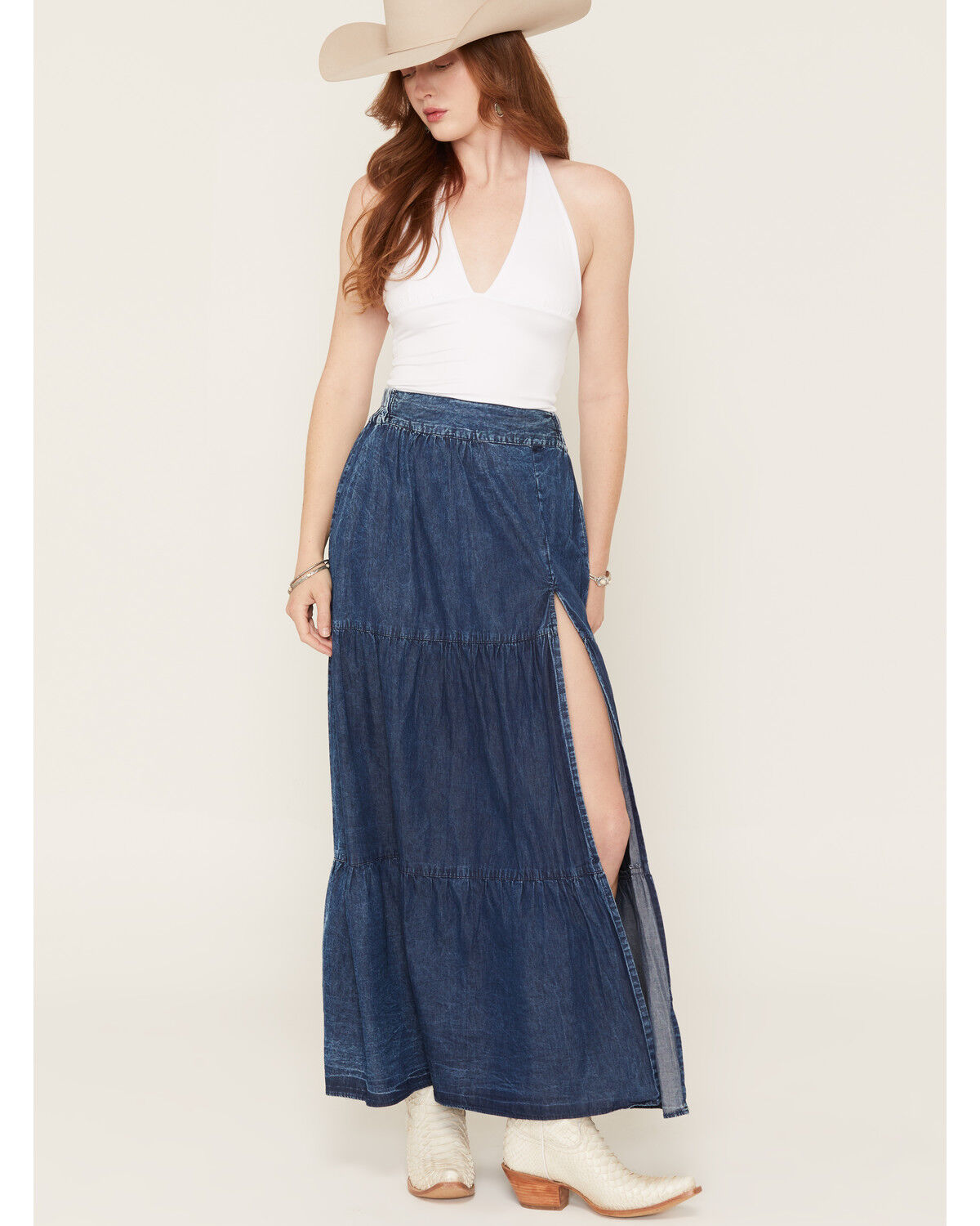 Image #1 - Angie Women's Acid Washed Split Maxi Skirt, Dark Wash, hi-res