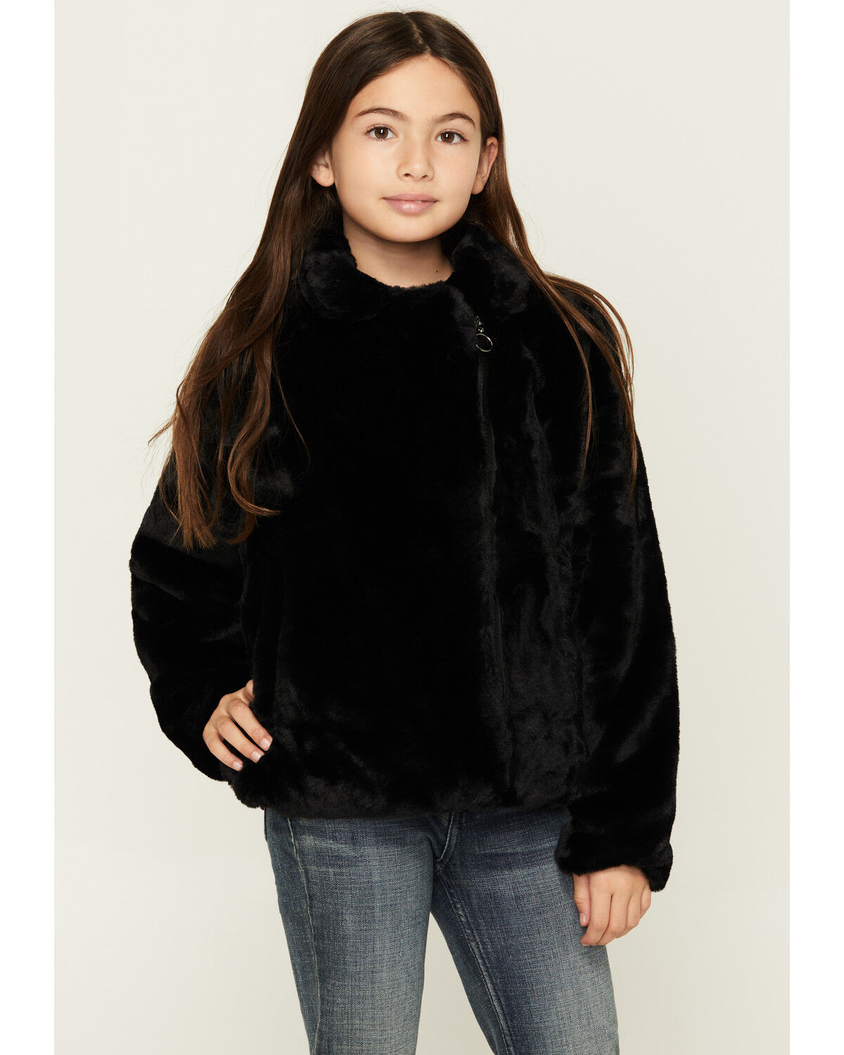 Urban Republic Girls' Faux Fur Moto Jacket, Black, hi-res