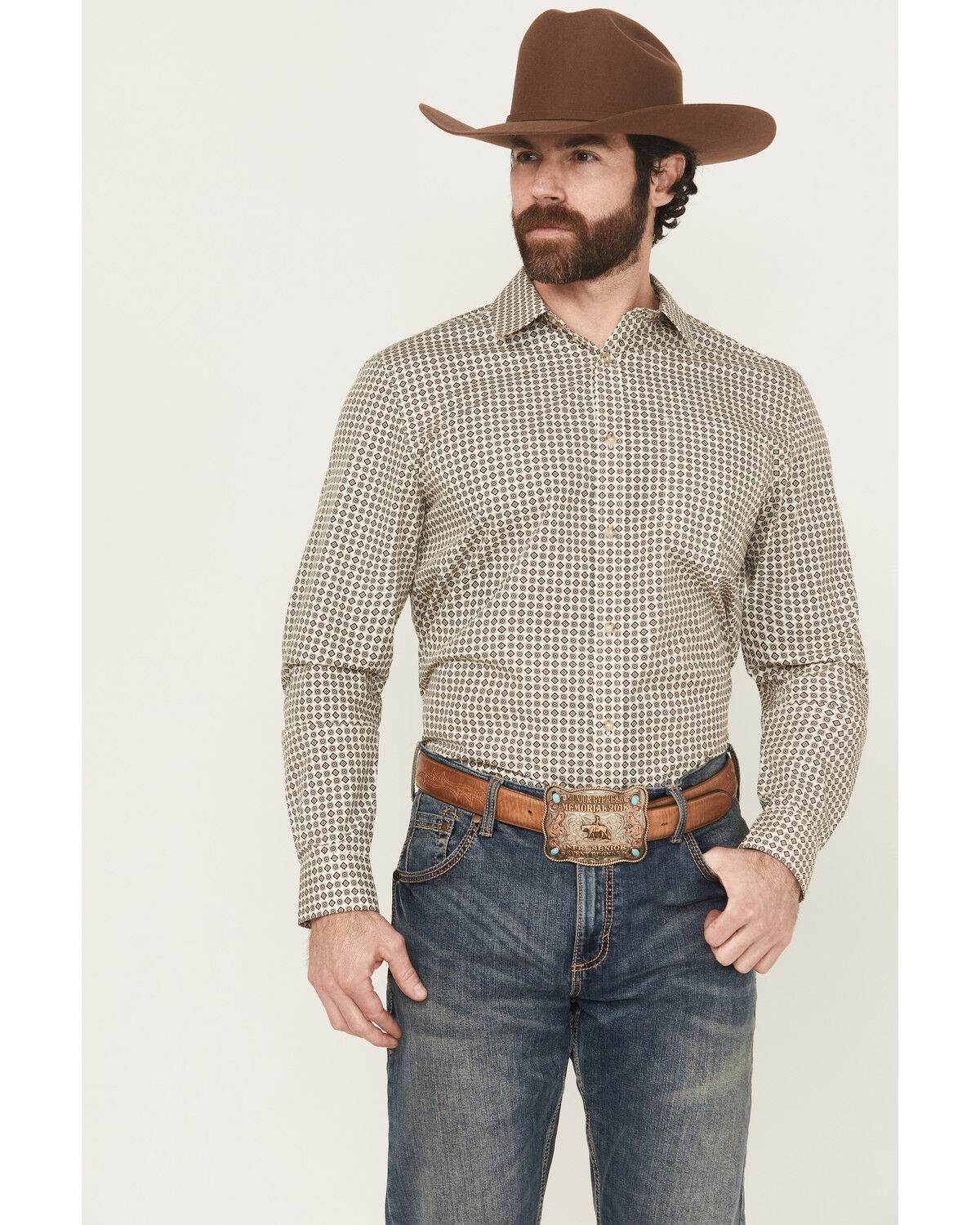 Image #1 - Gibson Trading Co Men's Bullseye Geo Print Long Sleeve Button-Down Western Shirt - Tall, Ivory, hi-res