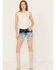 Image #1 - Grace in LA Women's Medium Wash Mid Rise Two Toned Floral Frayed Hem Denim Shorts, Blue, hi-res