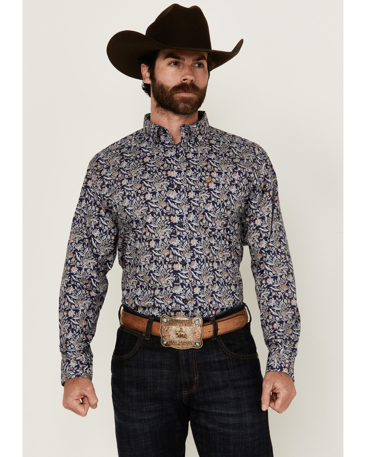 Image #1 - Ariat Men's Creighton Paisley Print Long Sleeve Button-Down Western Shirt, Navy, hi-res