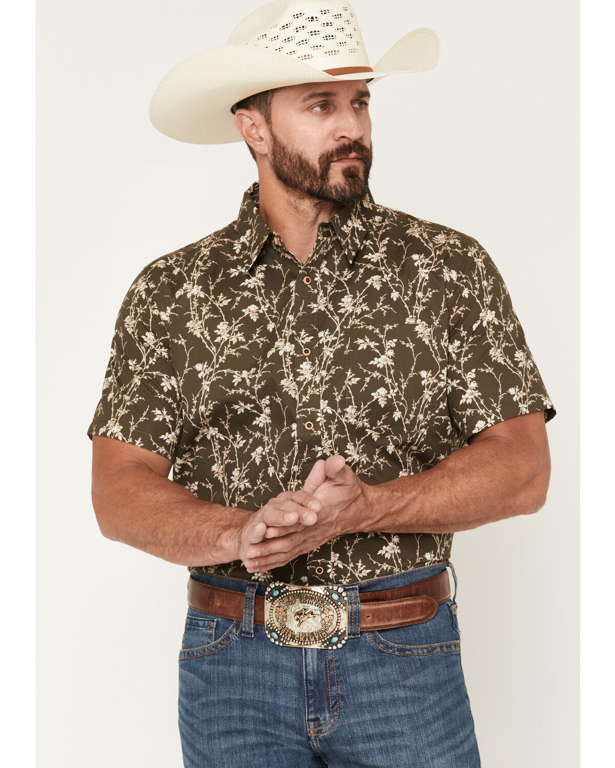 Gibson Trading Co Men's Desert Soul Floral Print Short Sleeve Button-Down Western Shirt, Brown, hi-res