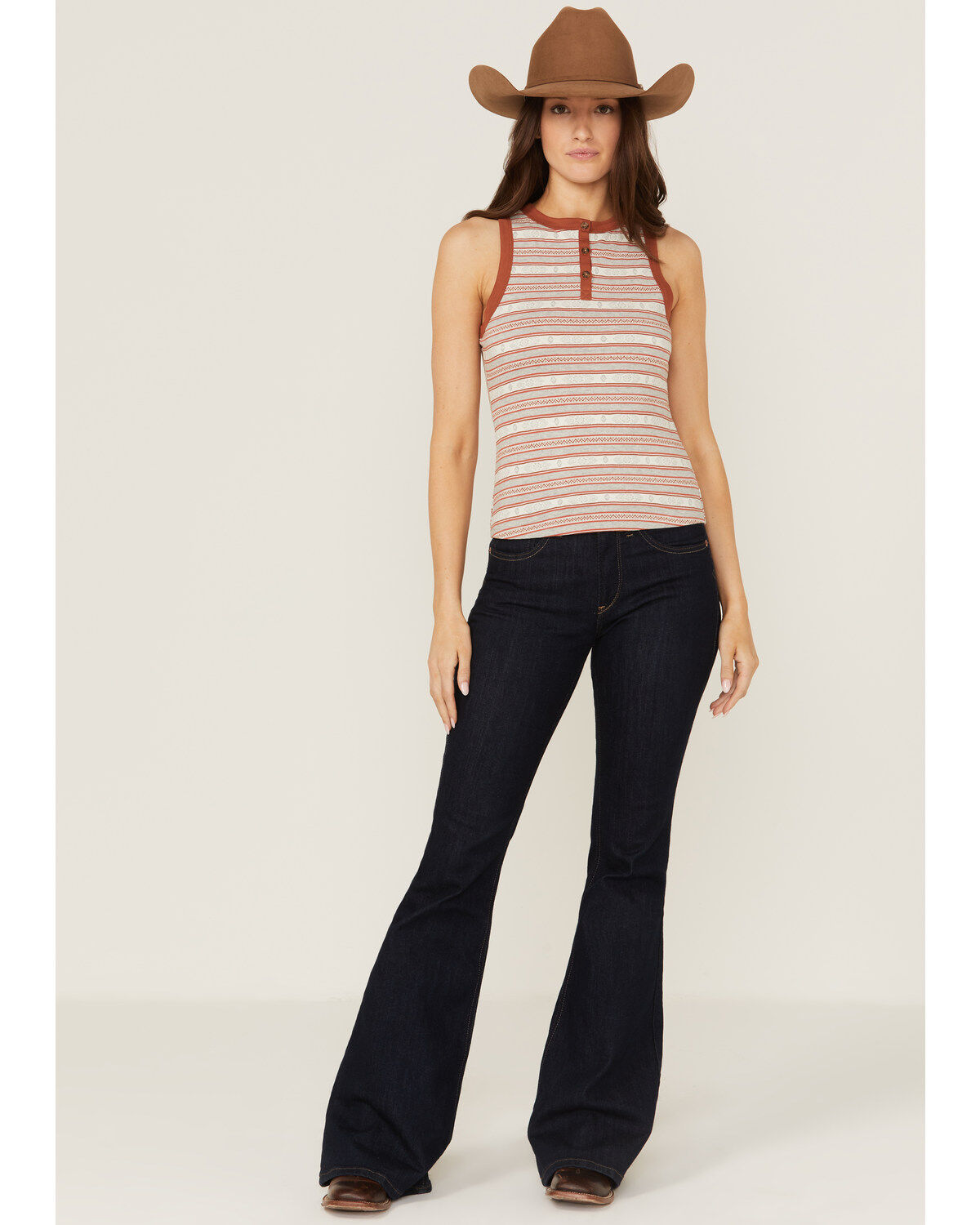 Image #2 - RANK 45&reg; Women's Southwestern Stripe Henley Tank Top, Rust Copper, hi-res