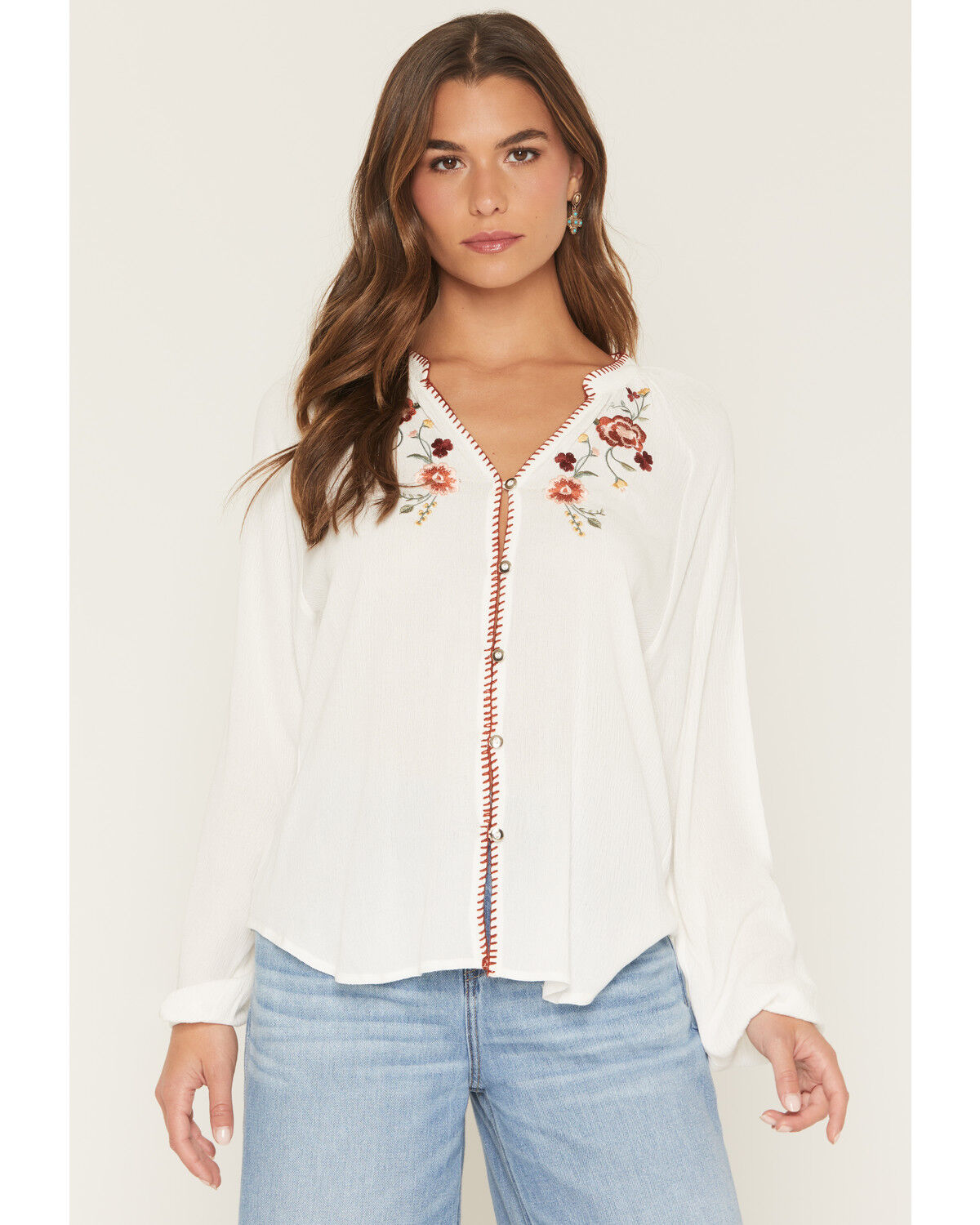 Image #1 - Wild Moss Women's Long Sleeve Whip Stitch and Embroidered Peasant Top, Ivory, hi-res