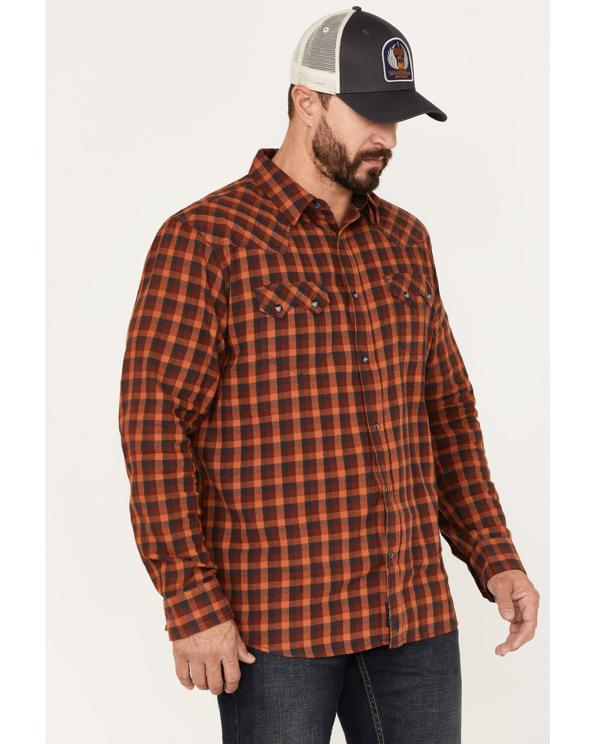 Image #2 - Moonshine Spirit&reg; Men's Burning Flame Plaid Print Long Sleeve Snap Western Flannel Shirt, Rust Copper, hi-res