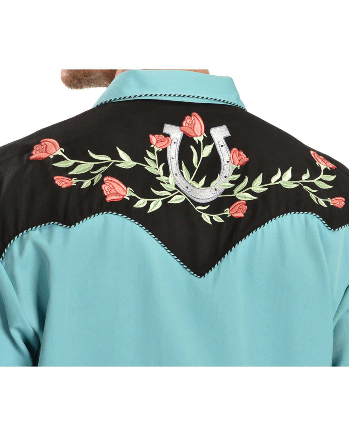 Image #4 - Scully Men's Rose & Horseshoe Embroidered Retro Long Sleeve Western Shirt - Big & Tall, Turquoise, hi-res