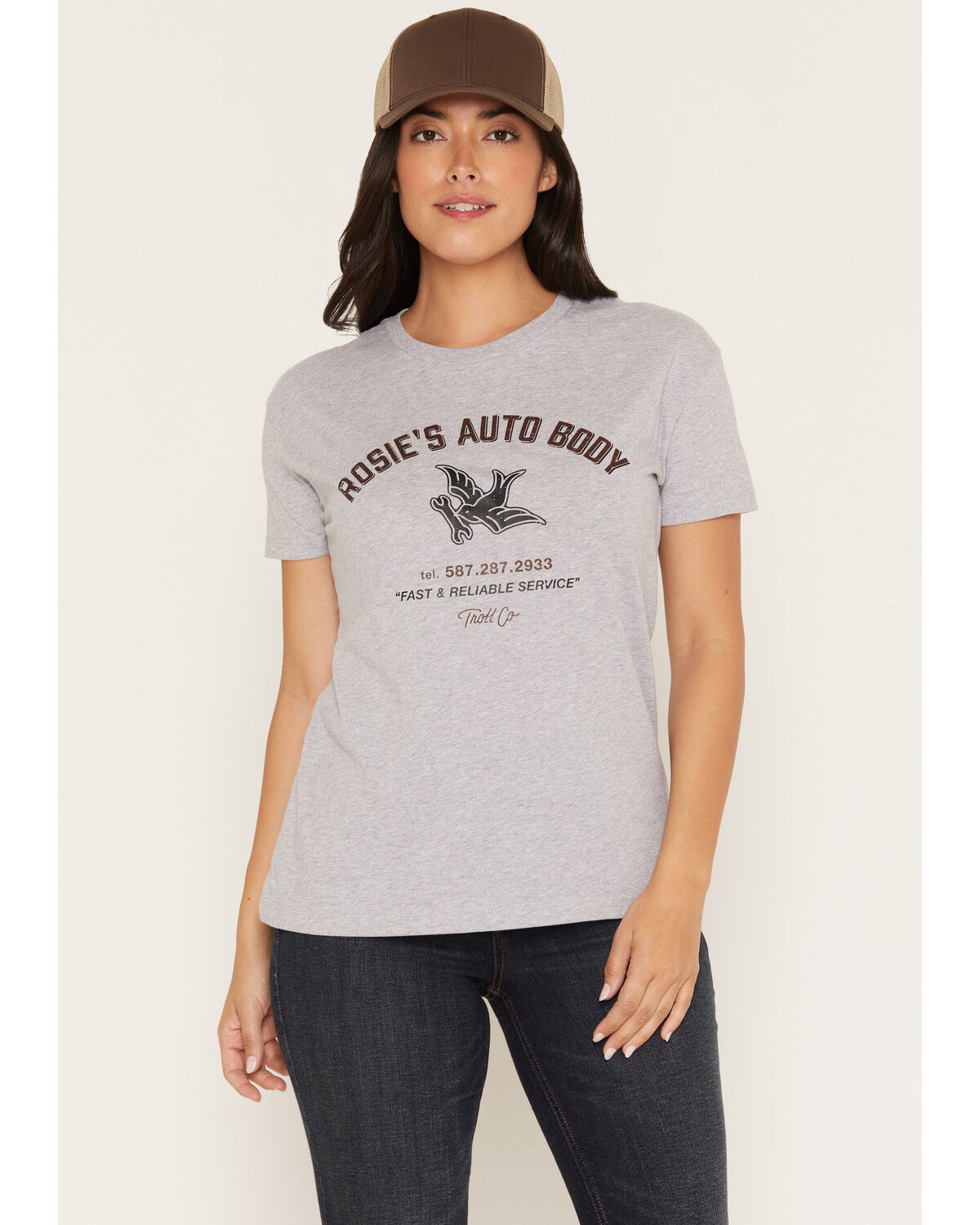Troll Co Women's Rosies Auto Body Short Sleeve Graphic Work Tee, Heather Grey, hi-res