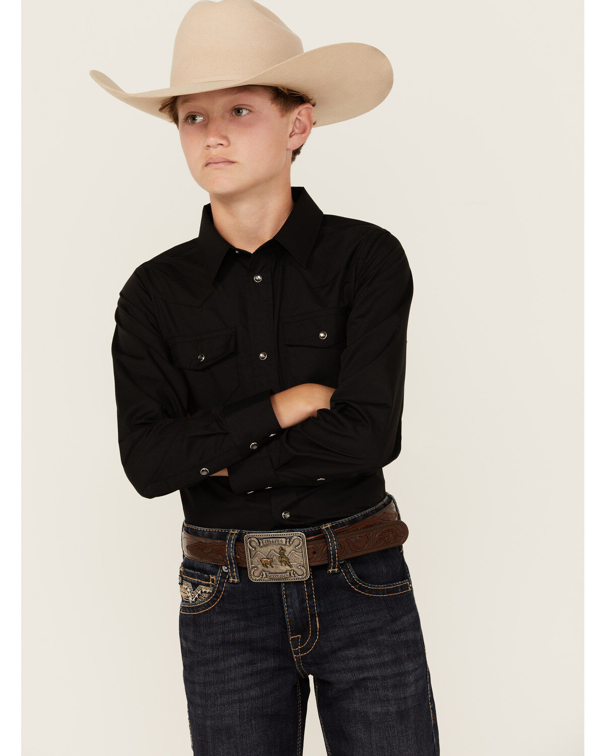 Gibson Trading Co Boys' Solid Long Sleeve Pearl Snap Western Shirt, Black, hi-res