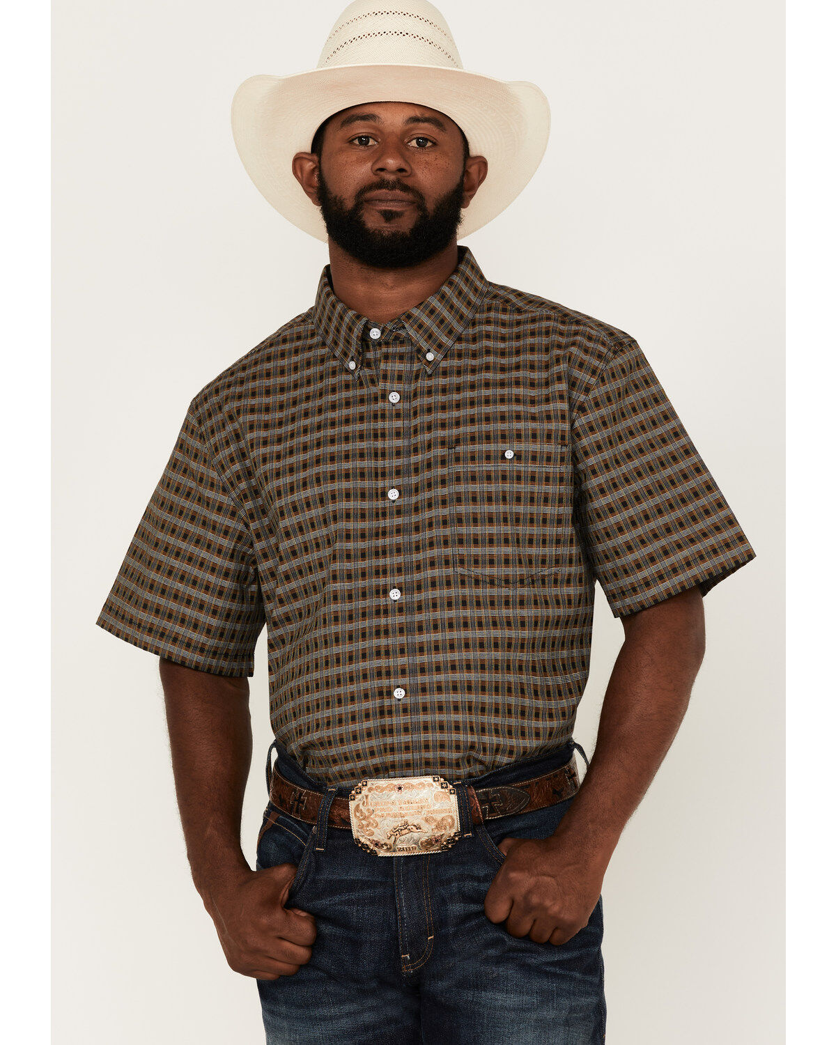 Image #1 - RANK 45&reg; Men's Steer Small Plaid Print Short Sleeve Button-Down Western Shirt, Black, hi-res
