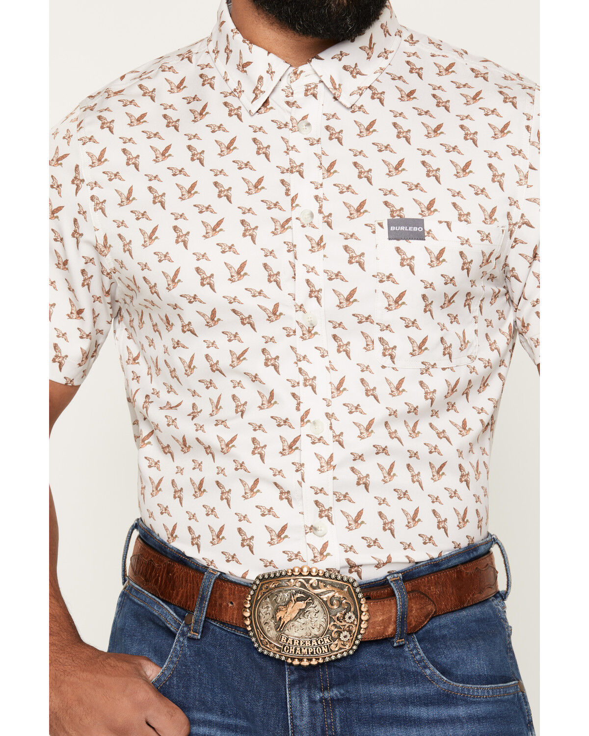 Image #3 - Burlebo Men's Mallard Flying Duck Print Short Sleeve Button-Down Performance Western Shirt, Cream, hi-res