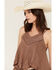 Image #2 - Miss Me Women's Pleated Lace Trim Hanky Hem Top, Brown, hi-res