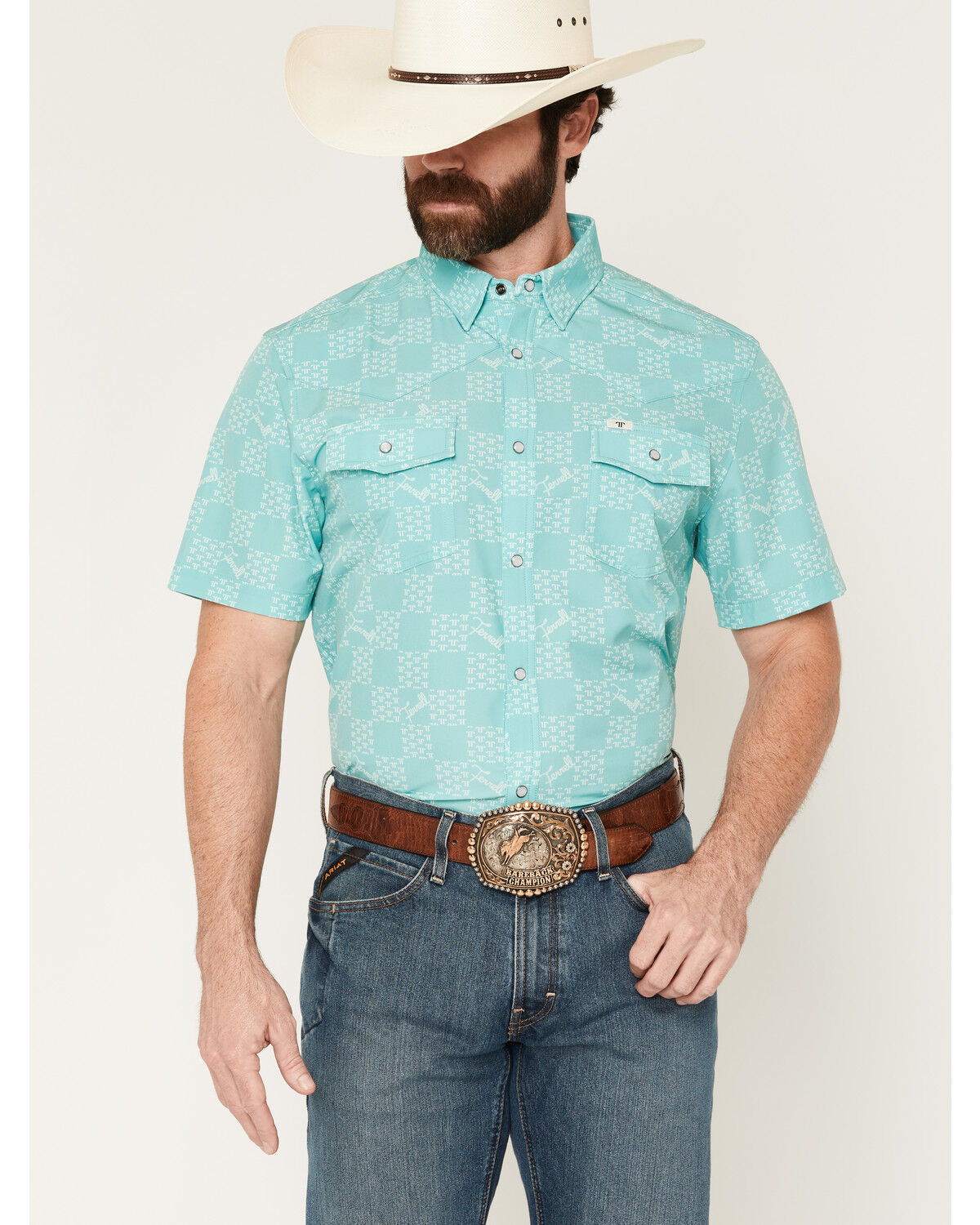 Ferrell Men's Flynn Checkered Logo Print Short Sleeve Snap Stretch Western Shirt, Mint, hi-res