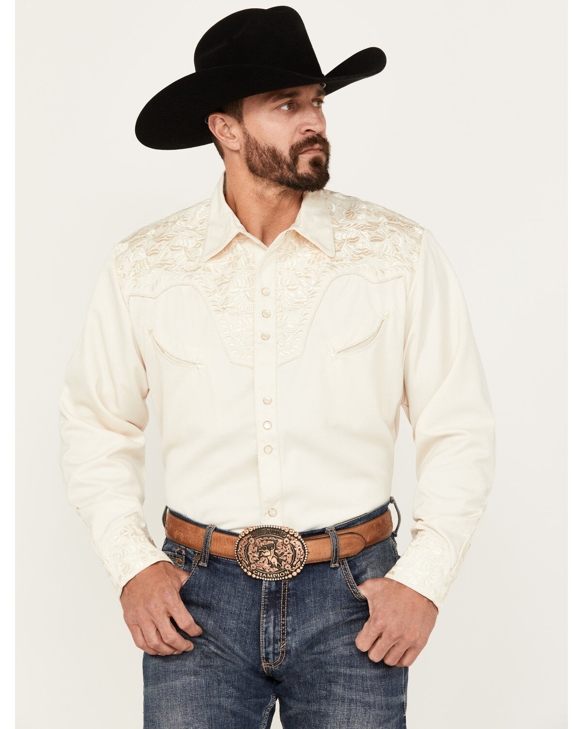 Scully Men's Gunfighter Embroidery Long Sleeve Snap Western Shirt - 3X, Ivory, hi-res