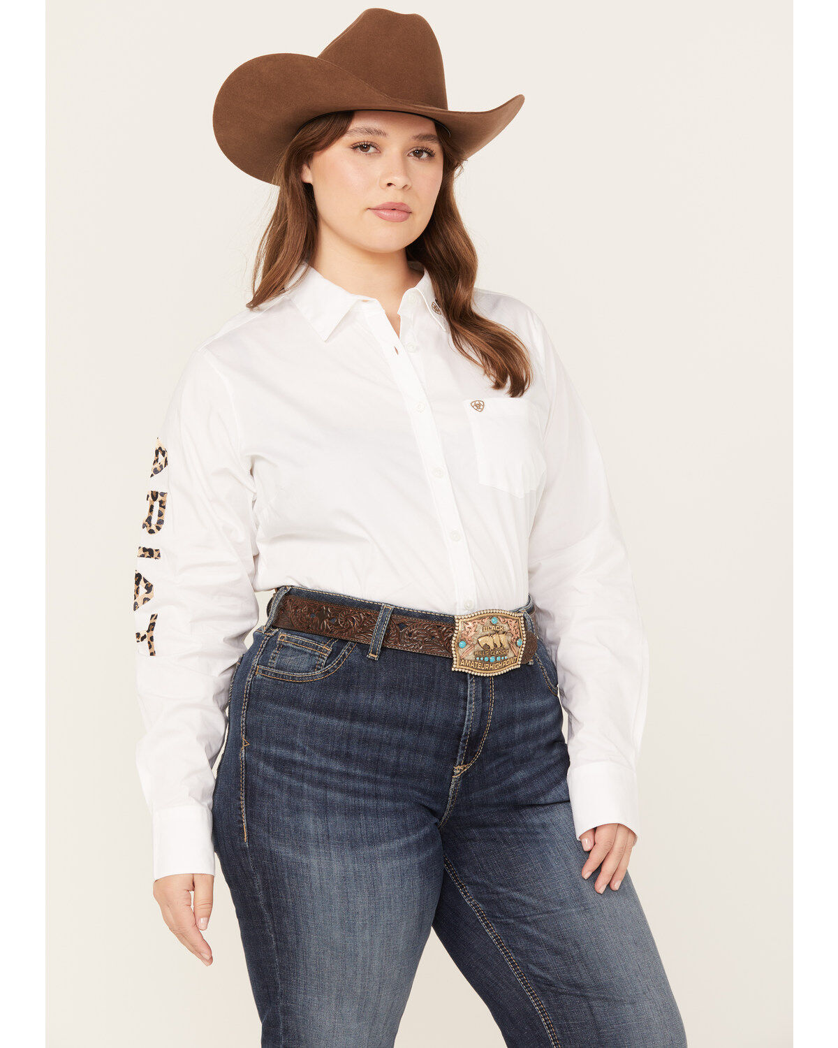 Ariat Women's Team Kirby Leopard Logo Stretch Shirt - Plus, White, hi-res