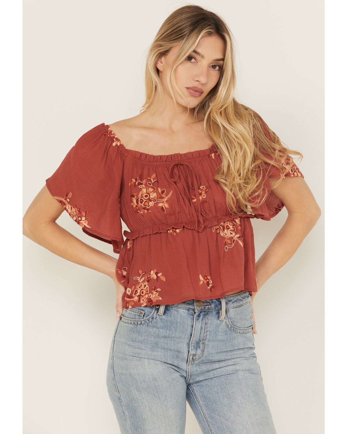 Image #1 - Wild Moss Women's Floral Embroidered Short Sleeve Peplum Top, , hi-res