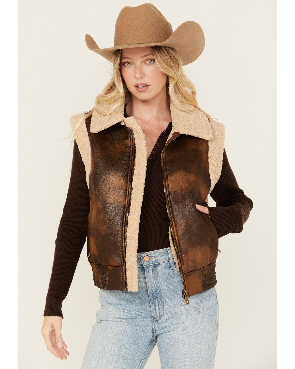 26 International Women's Faux Leather Aviator Sherpa Vest, Brown, hi-res