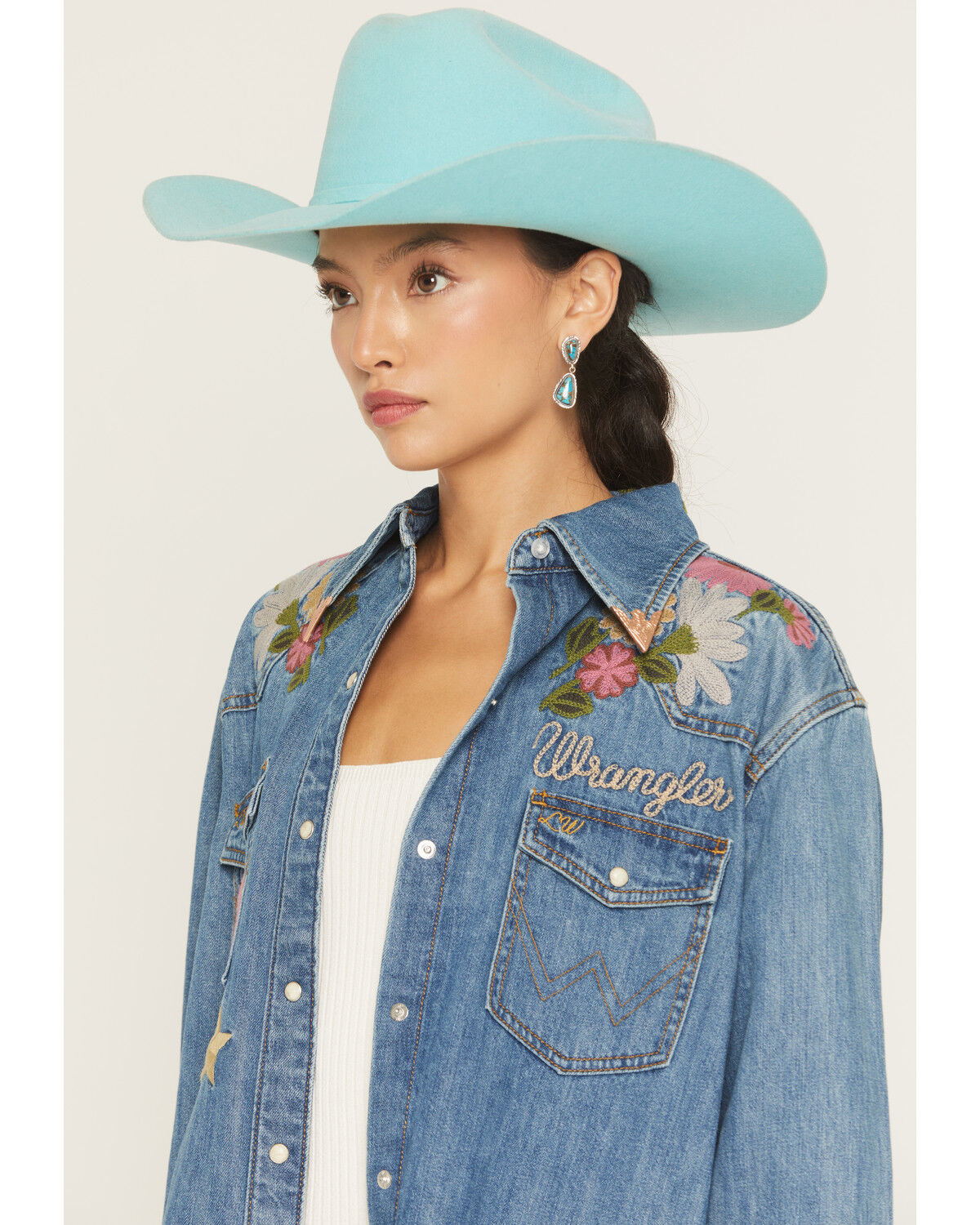 Image #2 - Wrangler X Lainey Wilson Women's Floral Embroidered Long Sleeve Snap Denim Shirt, Blue, hi-res