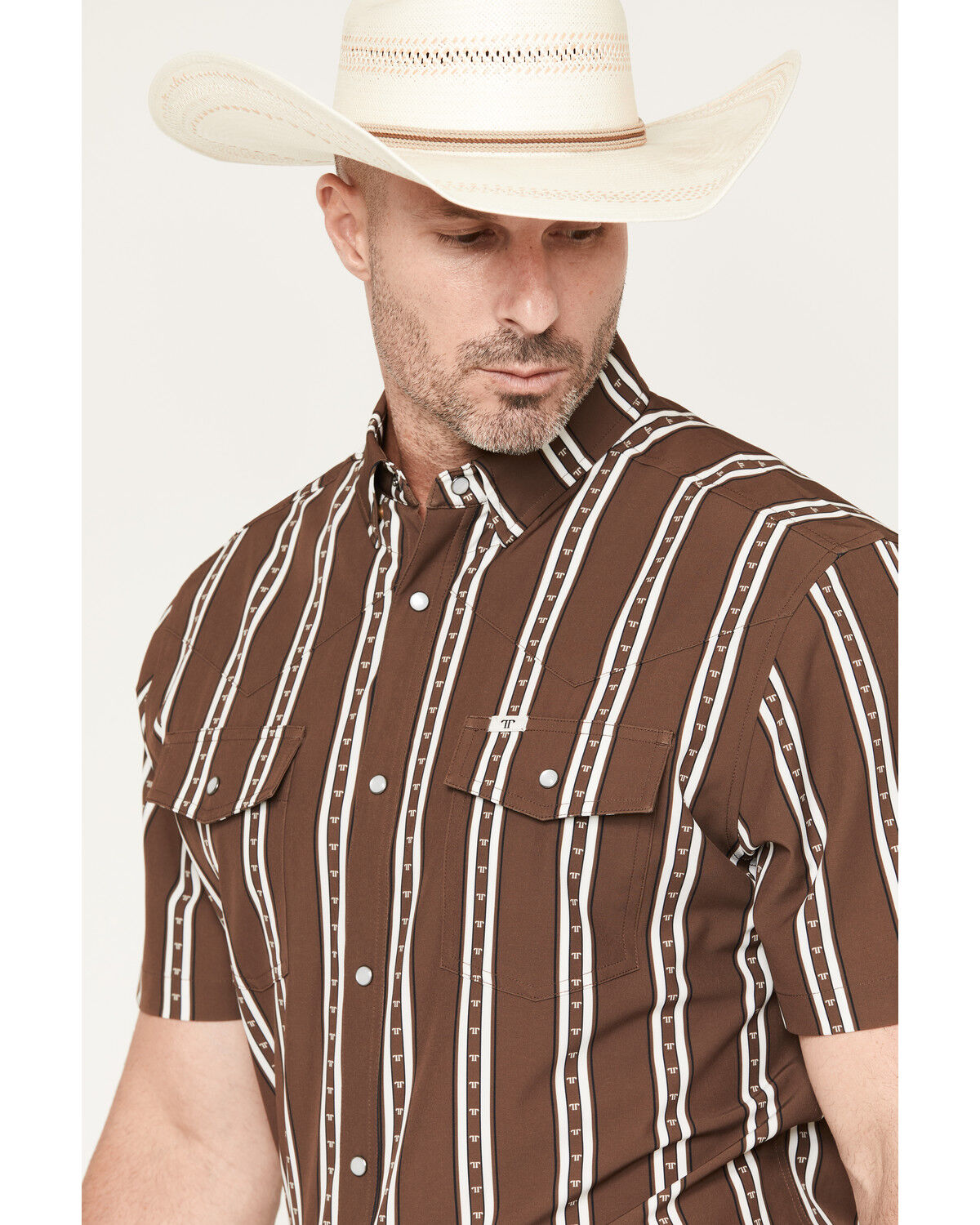 Image #2 - Ferrell Men's Tucker Tek Striped Short Sleeve Pearl Snap Stretch Western Shirt, Brown, hi-res