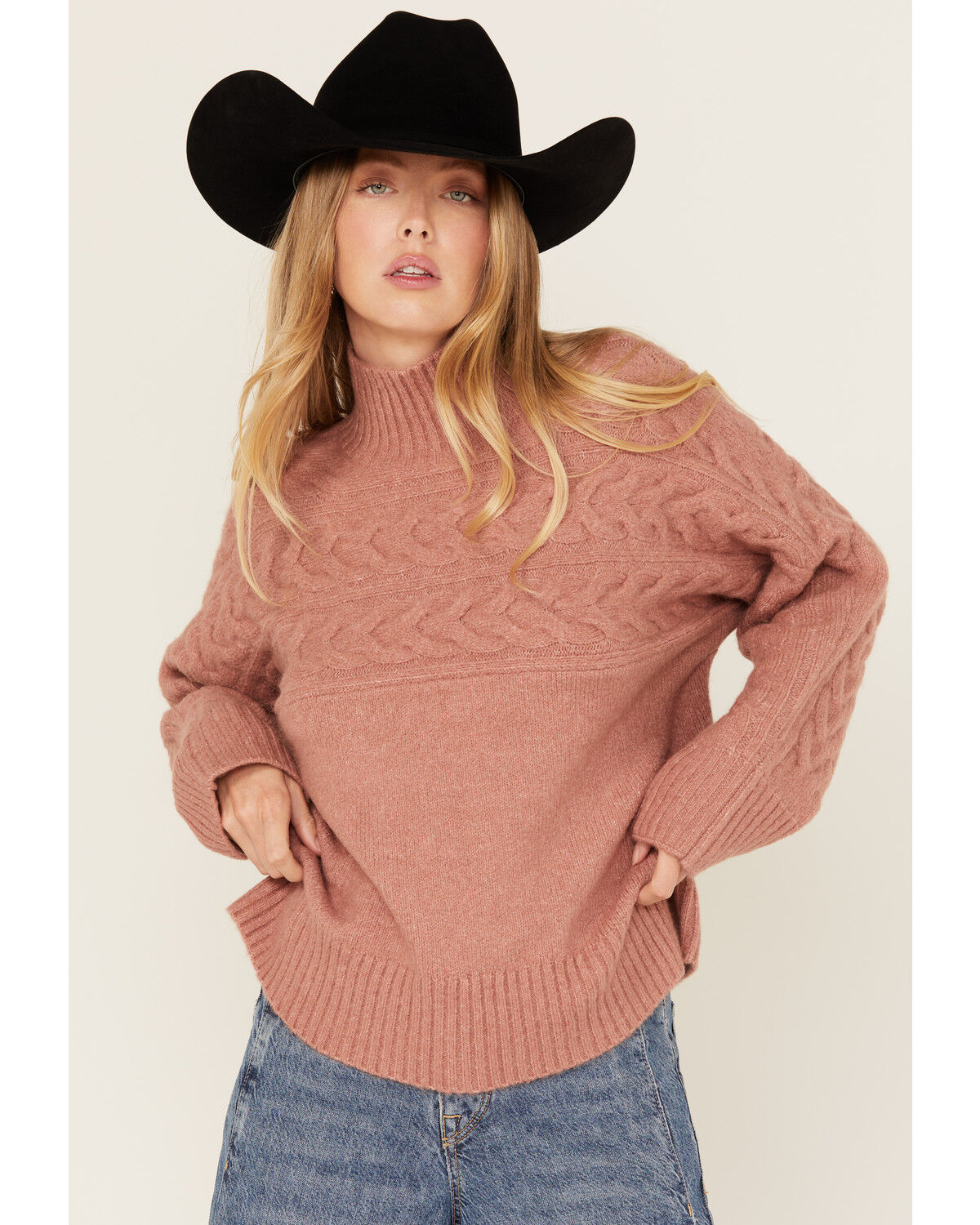 Cleo + Wolf Women's Mock Neck Pullover Cable Knit Sweater, Peach, hi-res