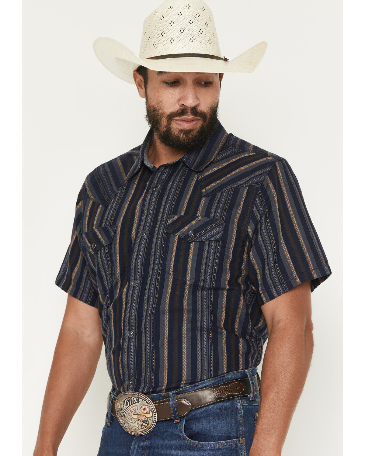 Image #2 - Cody James Men's Highland Rim Striped Print Short Sleeve Snap Western Shirt - Tall, Navy, hi-res