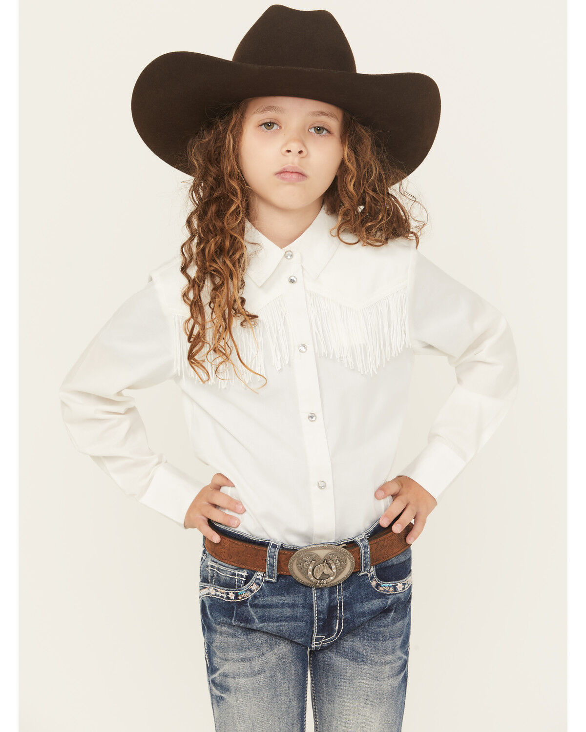 Shyanne Girls' Rhinestone Fringe Long Sleeve Snap Stretch Western Shirt, White, hi-res