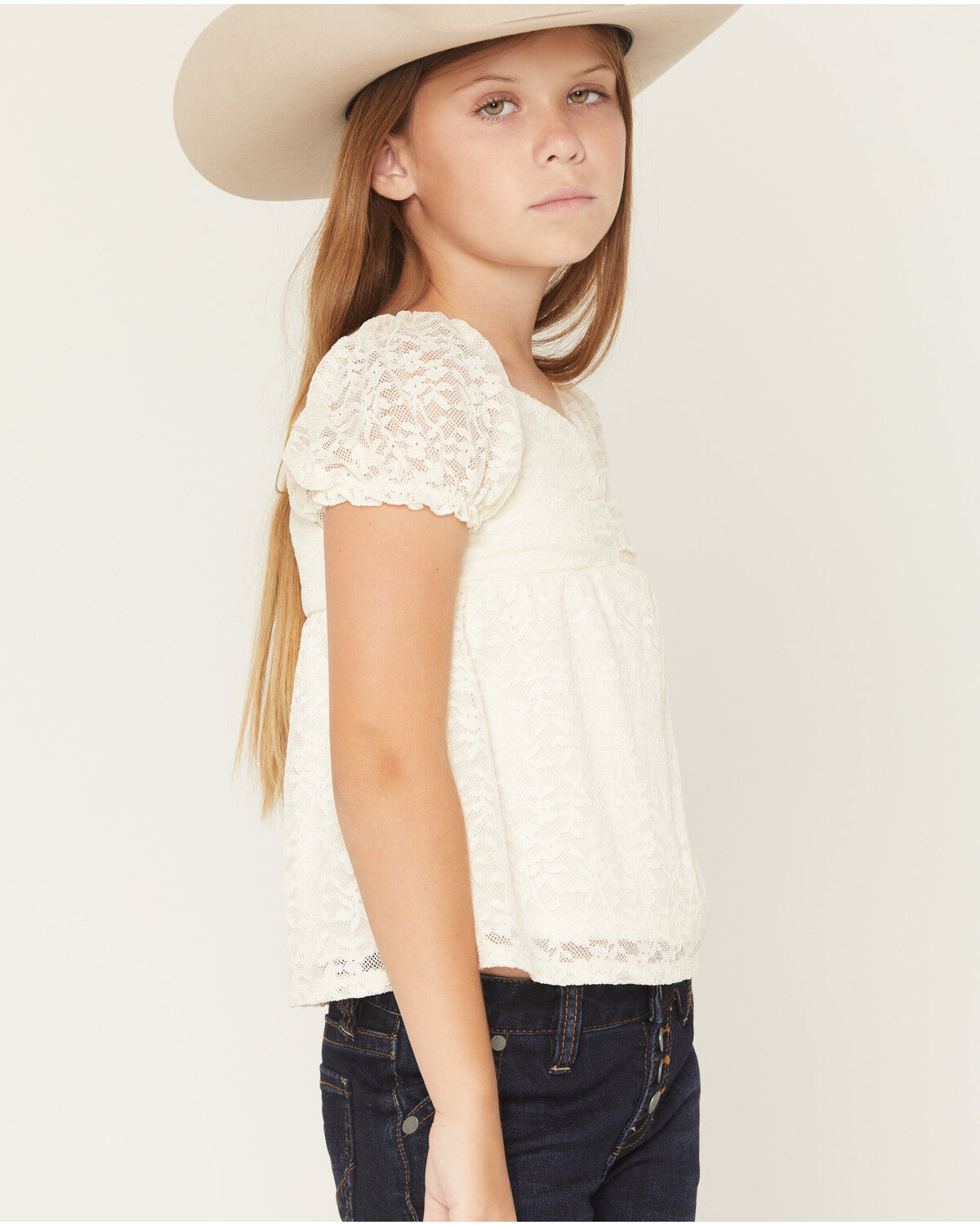 Image #2 - Sugar California Girls' Emma Solid Lace Short Sleeve Shirt, Ivory, hi-res