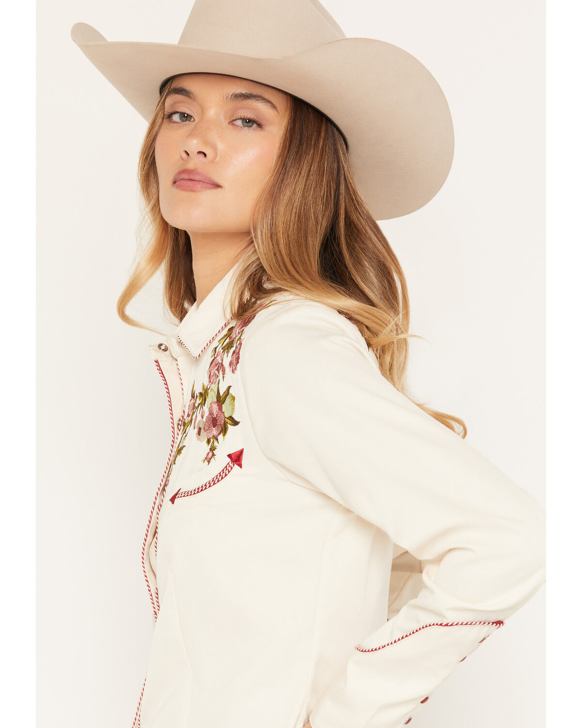 Image #2 - Scully Women's Rose Embroidered Long Sleeve Pearl Snap Western Shirt, Cream, hi-res