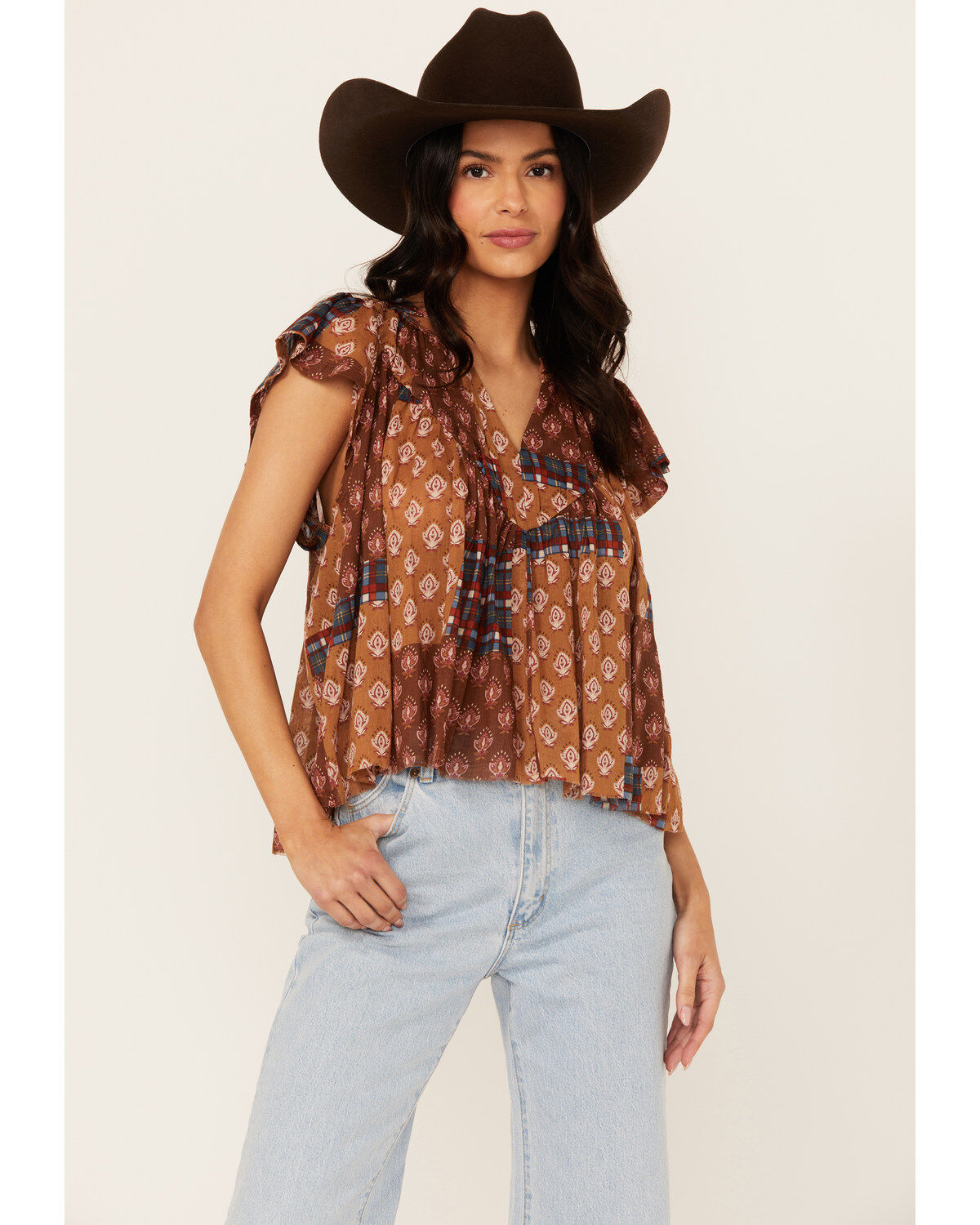 Cleo + Wolf Women's Bogota Patchwork Printed Blouse, Brandy Brown, hi-res