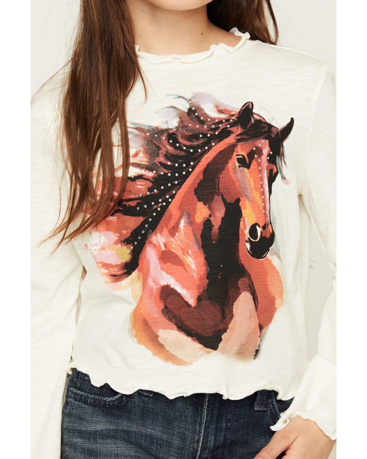 Image #3 - Shyanne Girls' Horse Print Long Bell Sleeve Shirt, Cream, hi-res