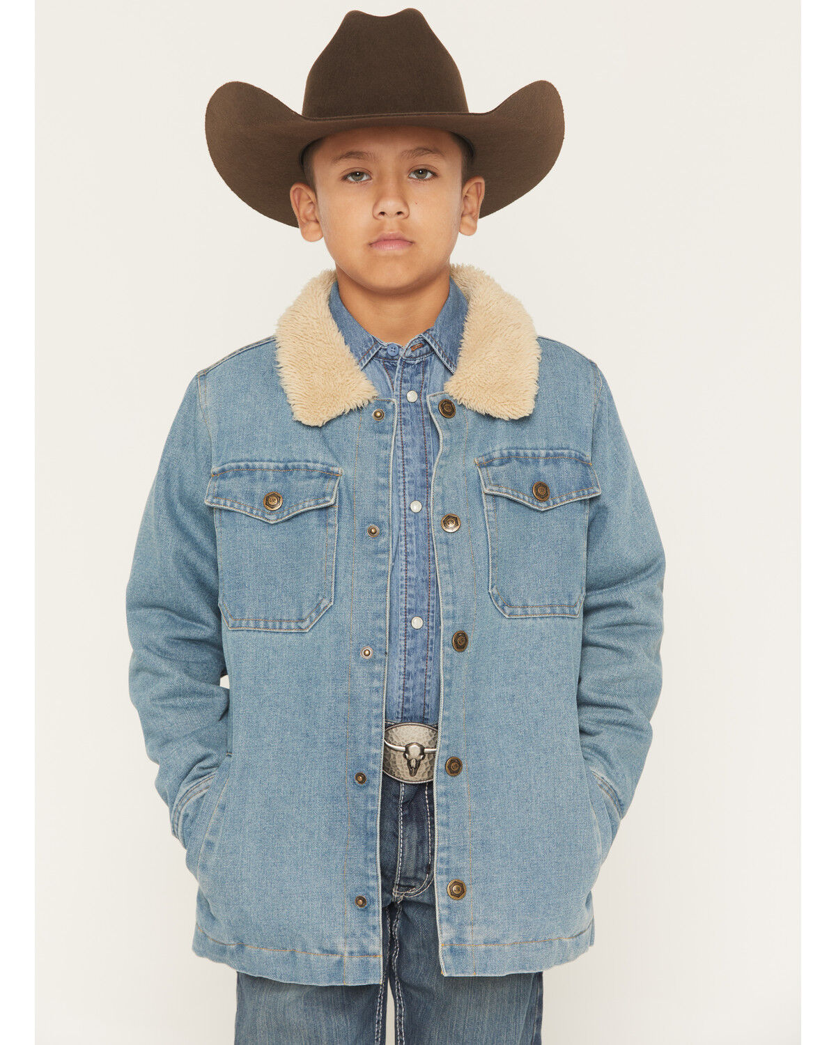 Urban Republic Boys' Medium Wash Sherpa Lined Snap Denim Jacket, Medium Wash, hi-res